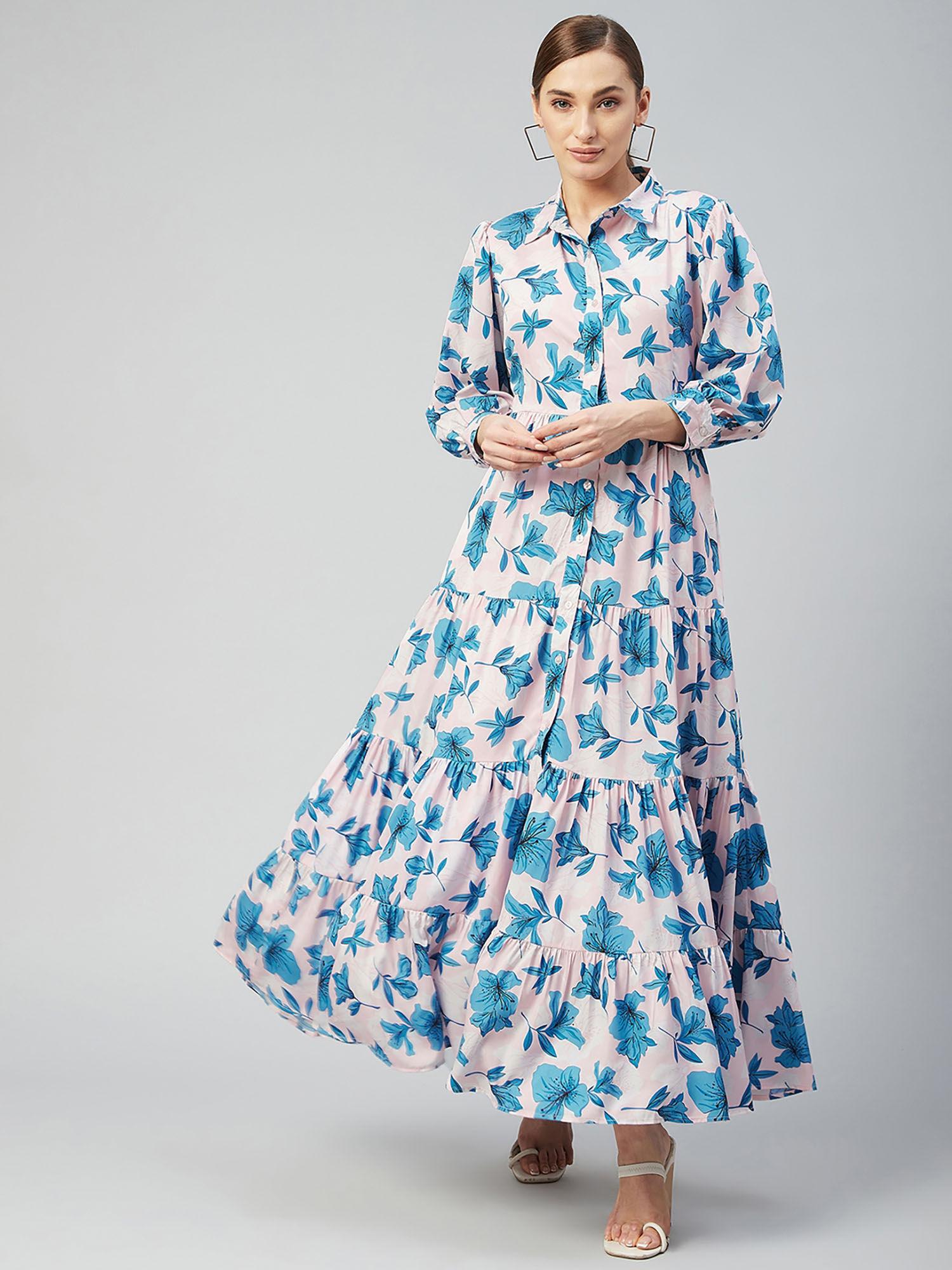 women casual peach and blue colour maxi floral print dress