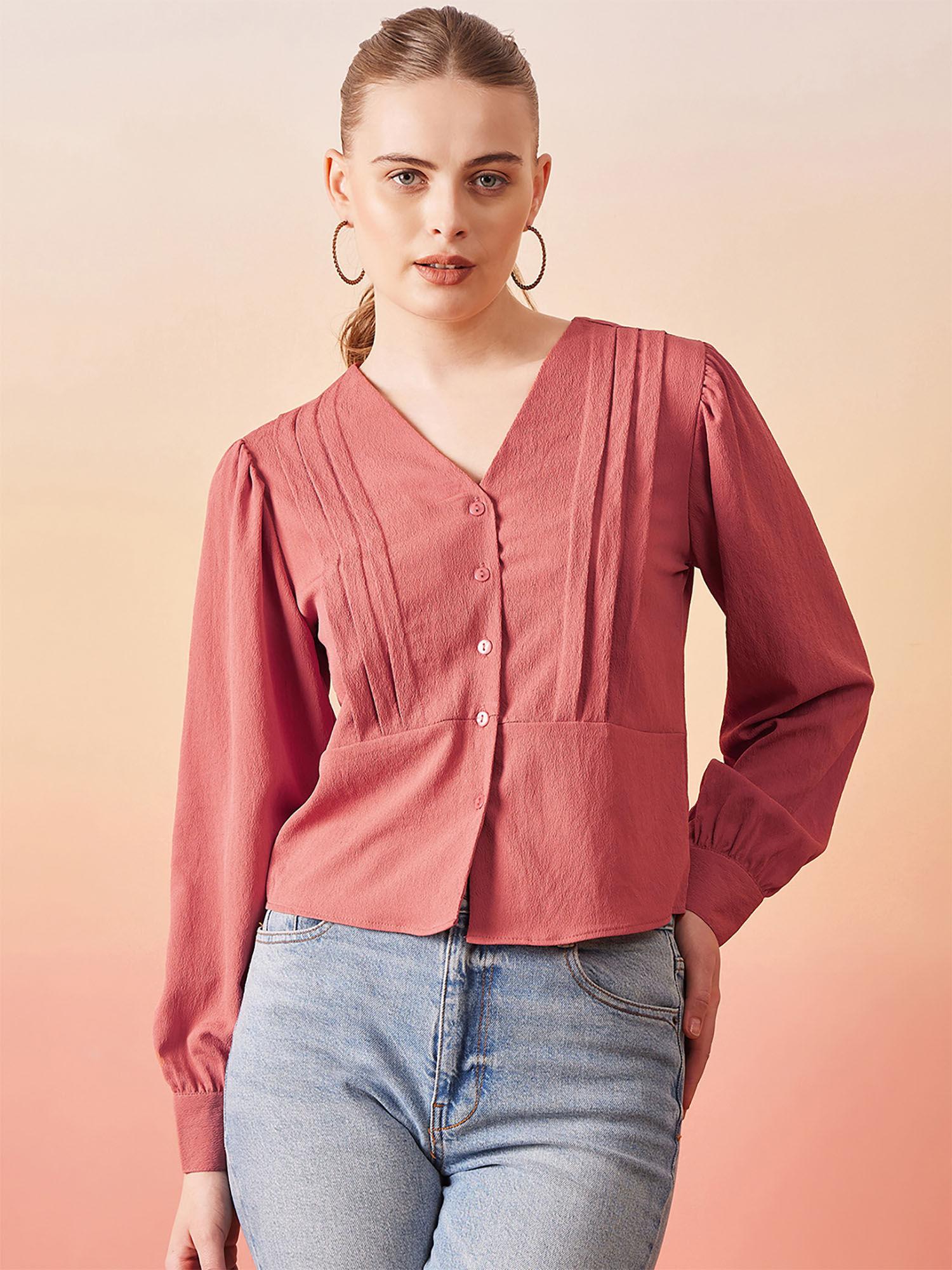 women casual peach color v-neck solid regular top