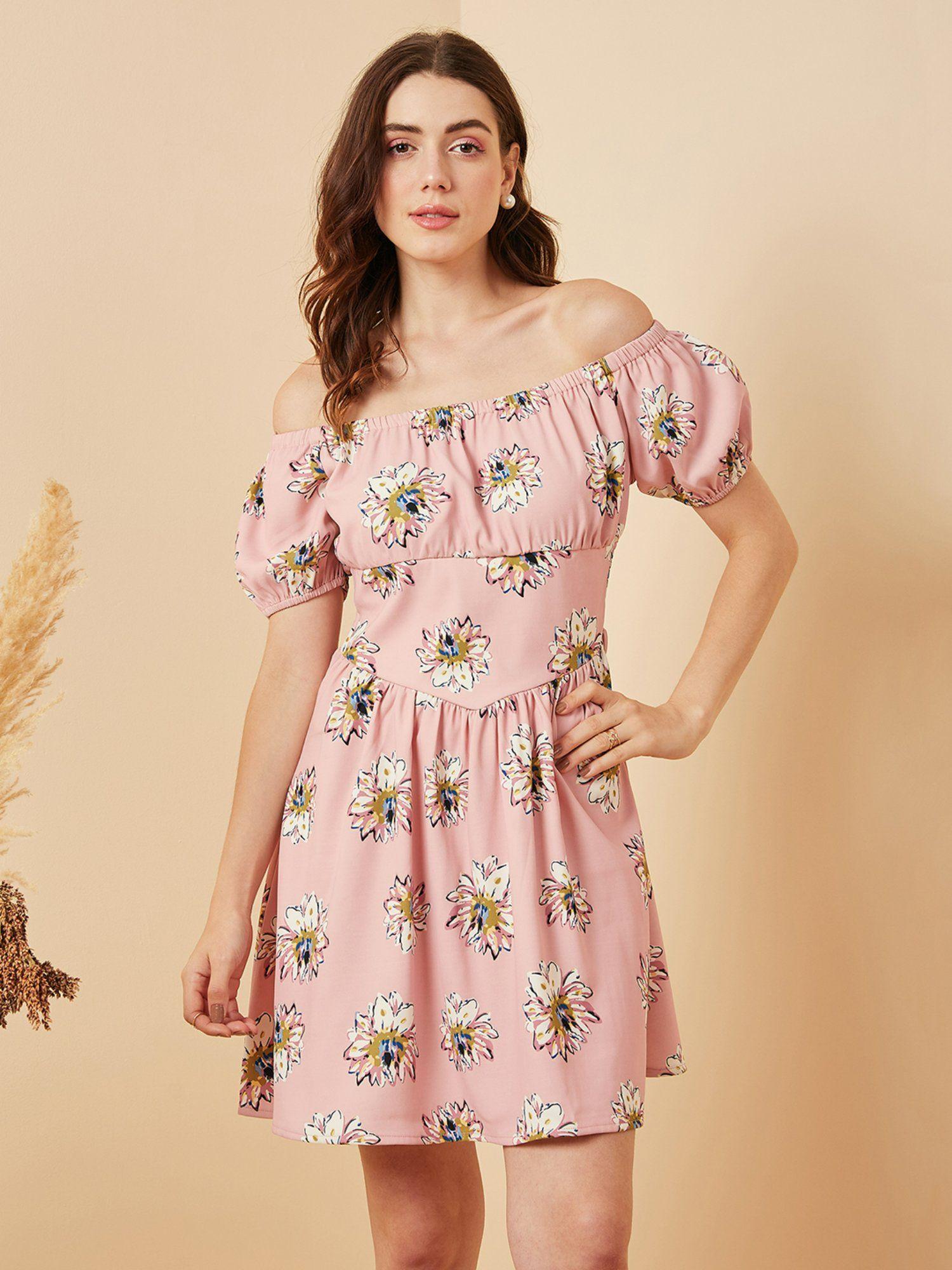 women casual peach colour above knee floral dress