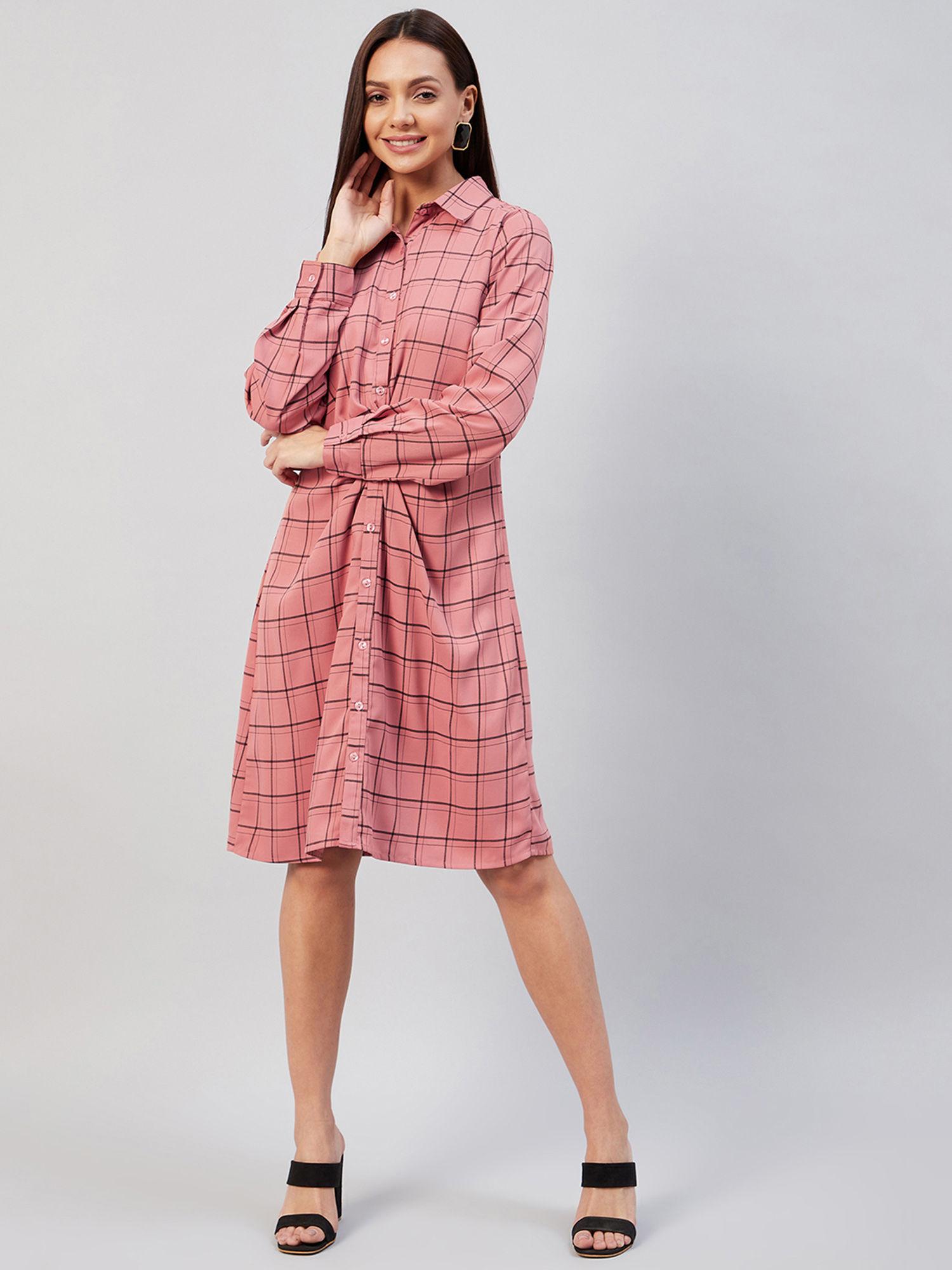 women casual peach colour knee length checked dress