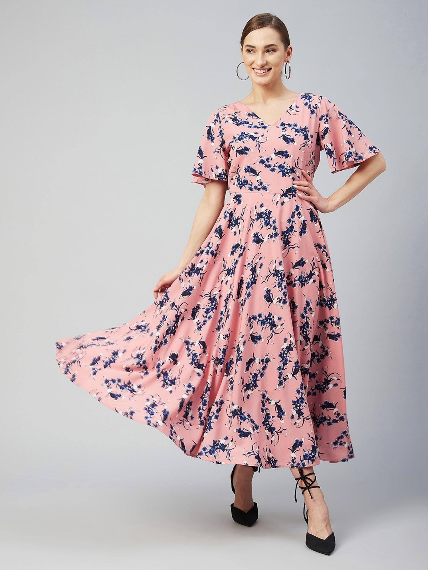 women casual peach colour maxi floral dress