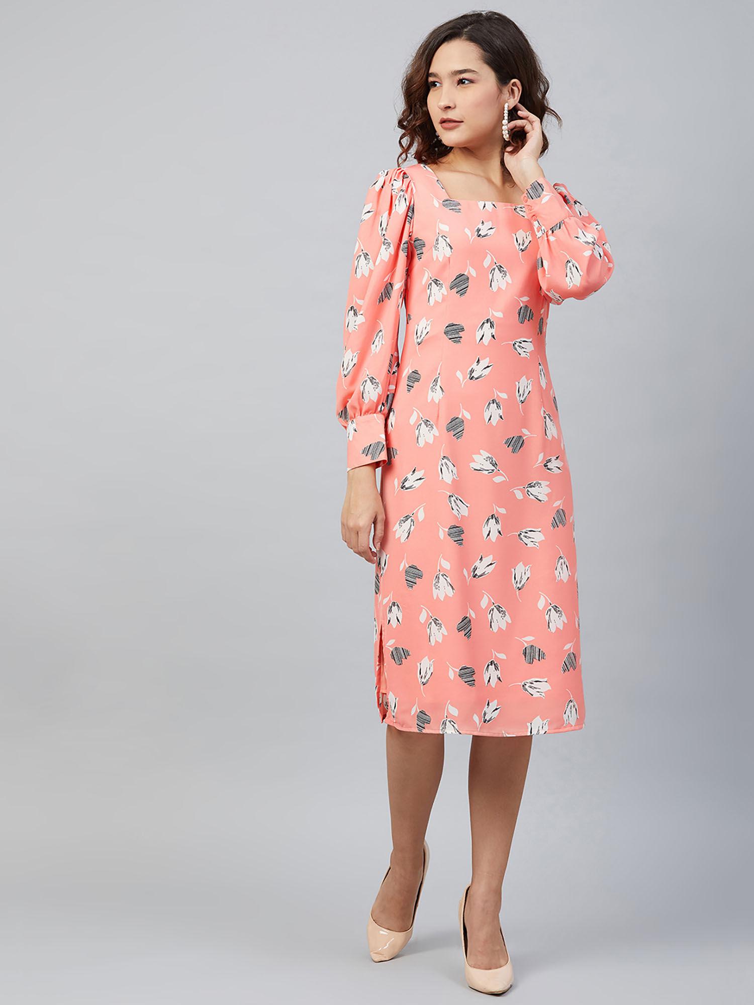 women casual peach colour midi floral dress