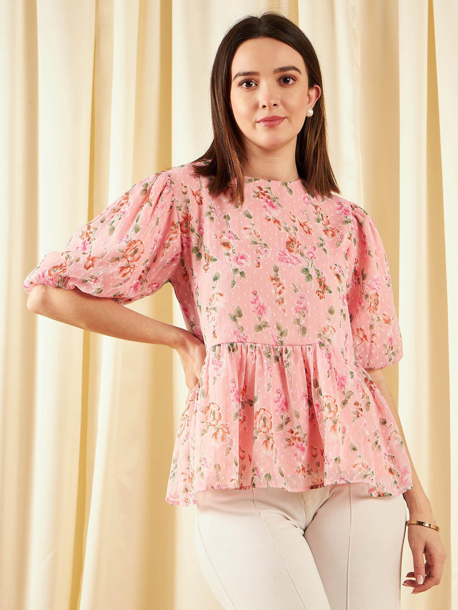 women casual peach colour round neck floral peplum top