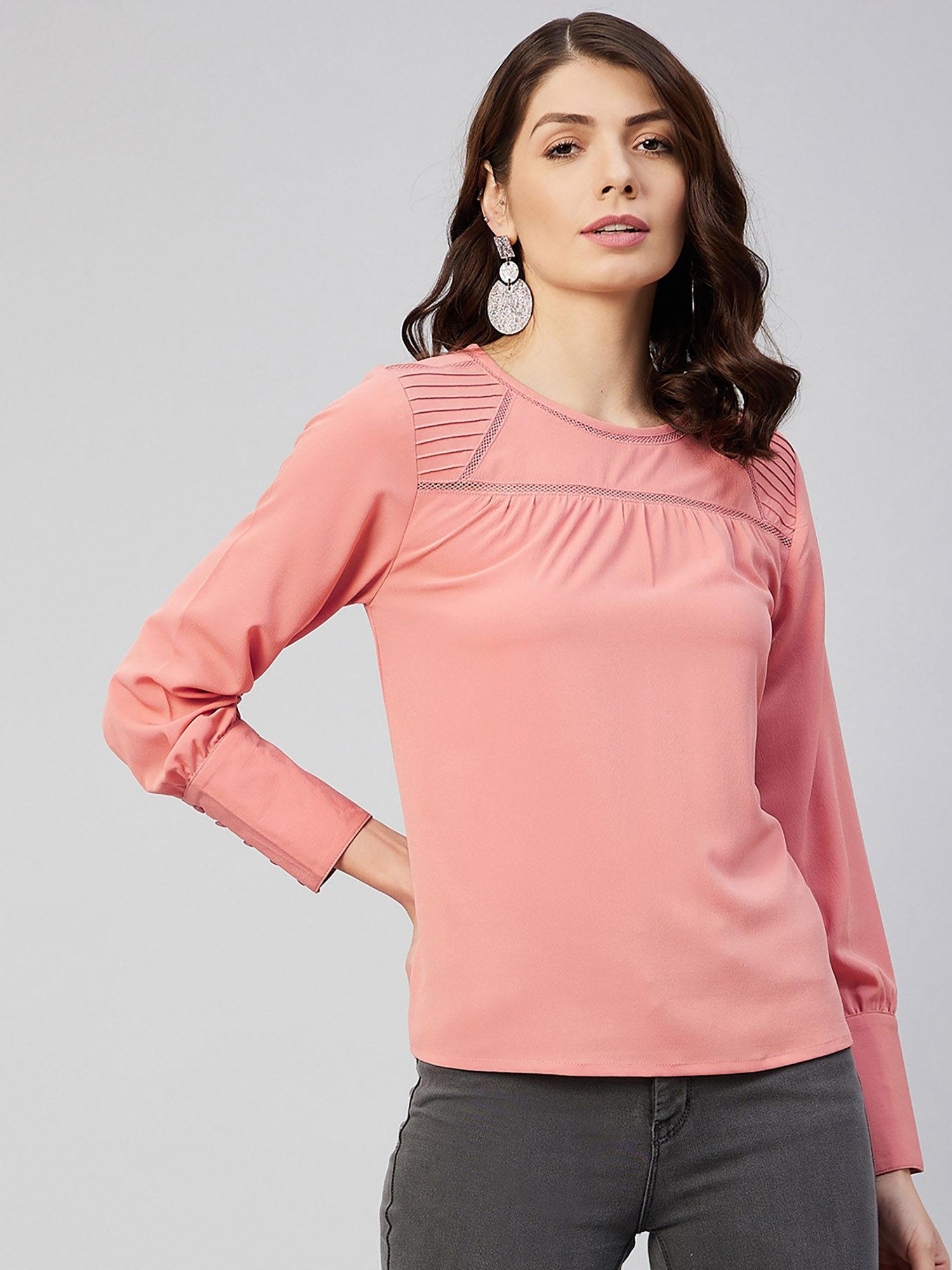 women casual peach colour round neck solid regular top