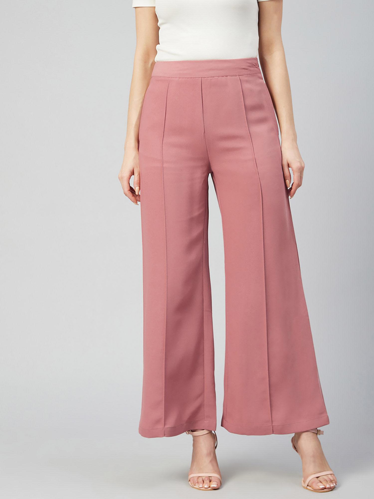 women casual peach colour solid regular trousers