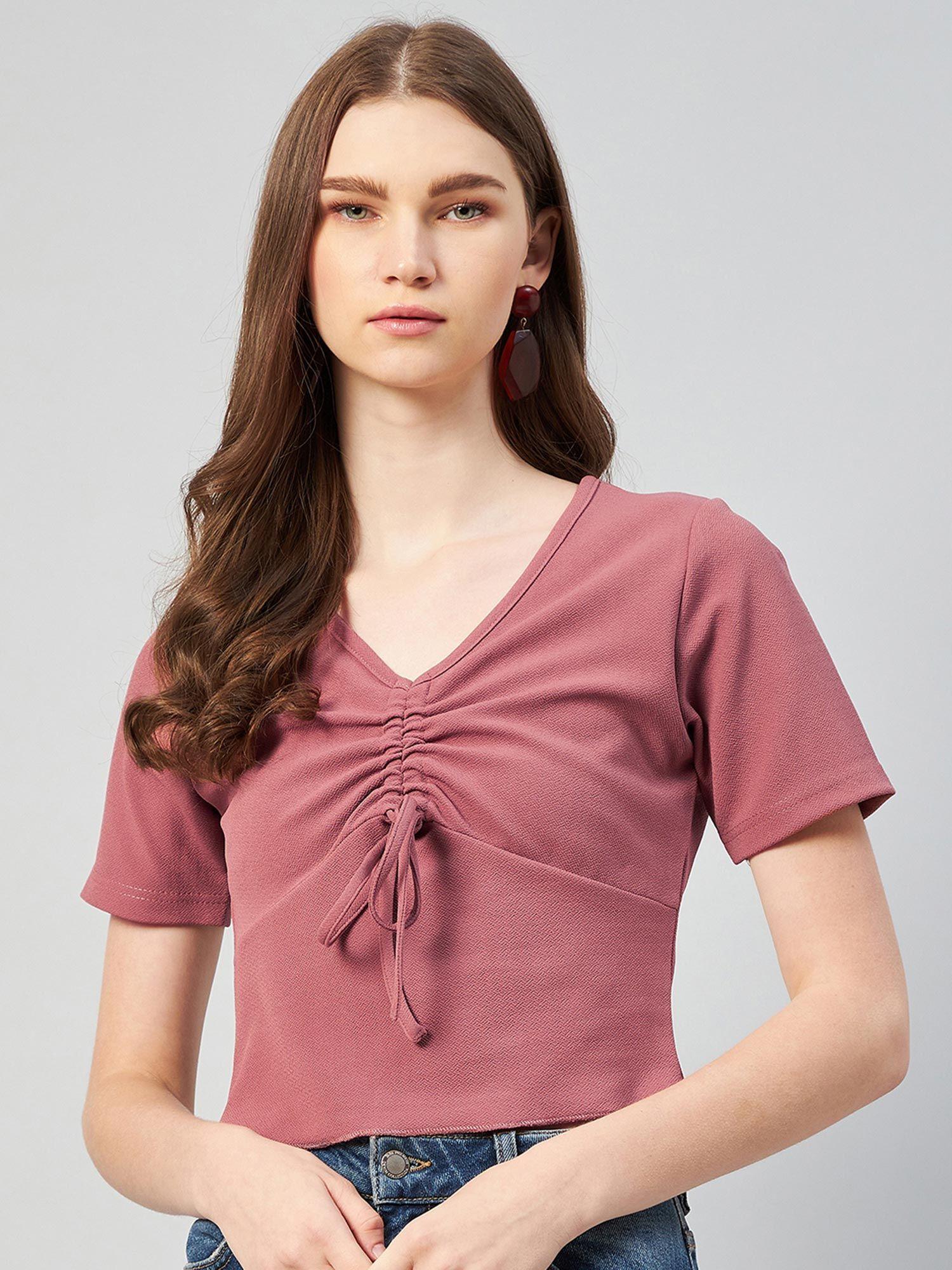 women casual peach colour v-neck solid regular top