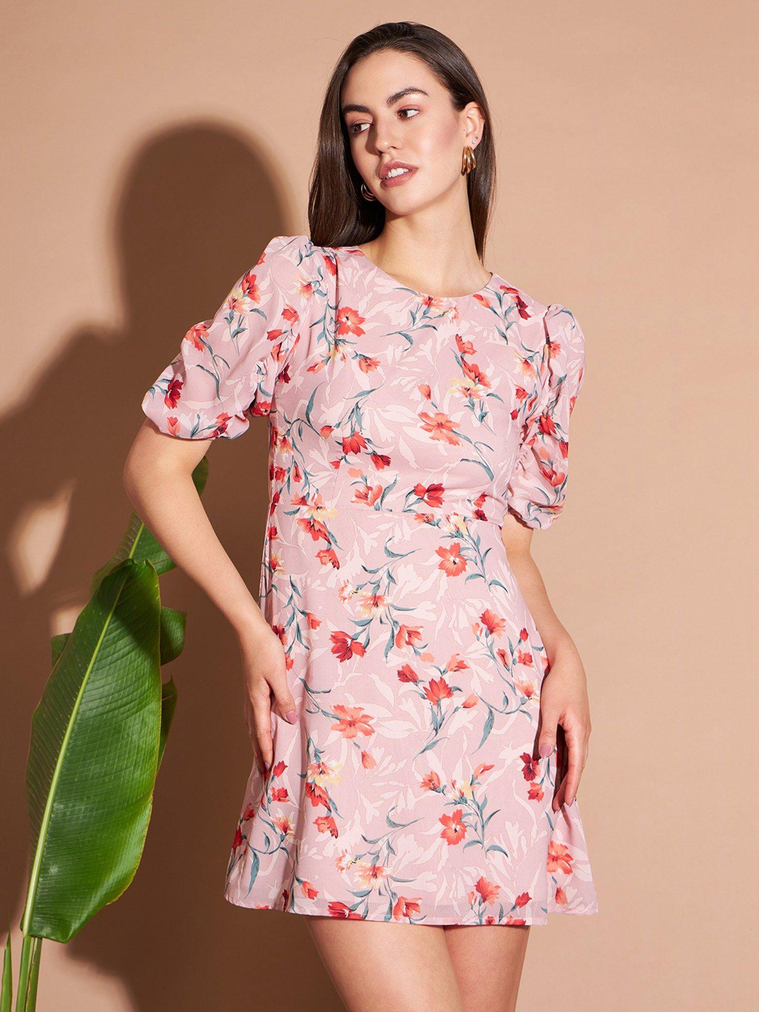 women casual peach print color mini floral dress