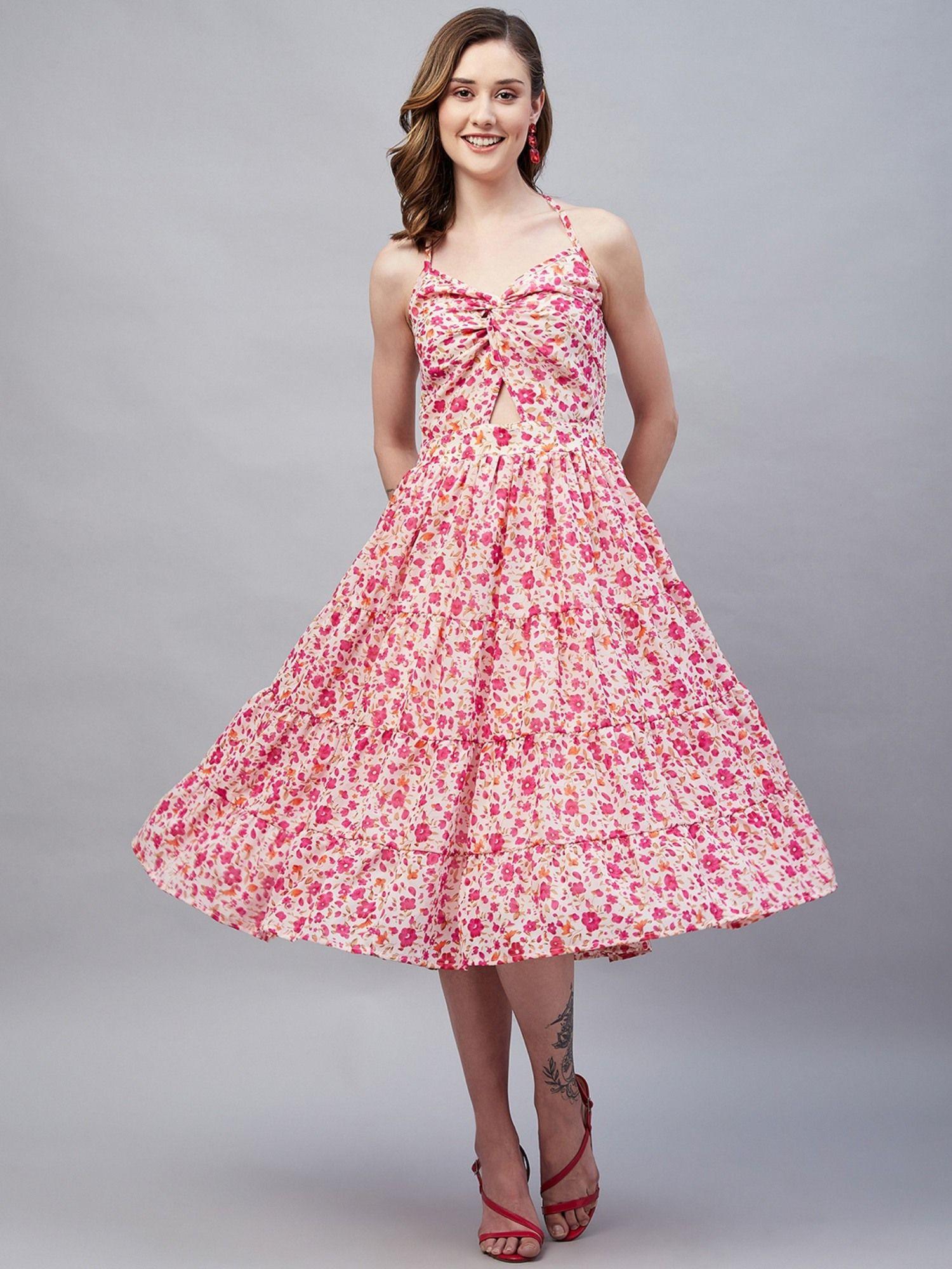 women casual pink color midi floral dress