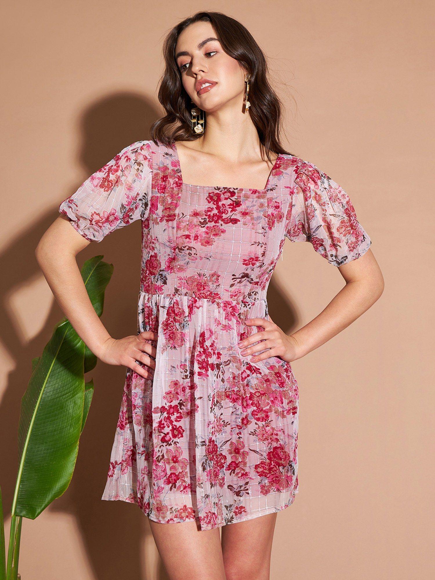 women casual pink color square neck mini floral dress