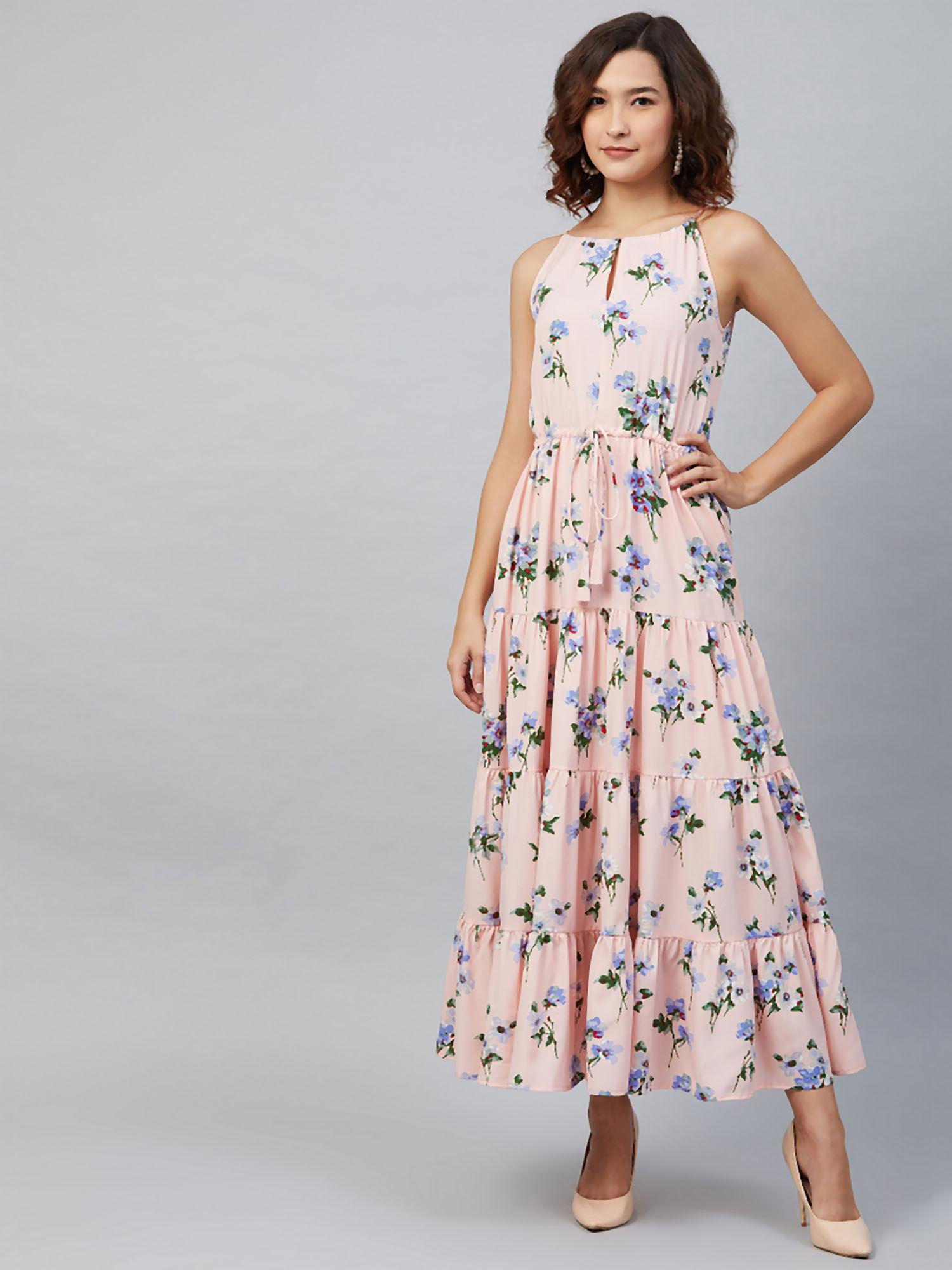 women casual pink colour maxi floral dress