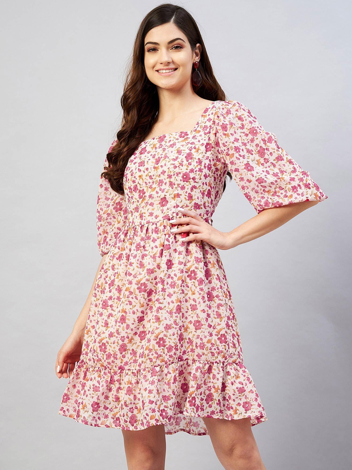 women casual pink colour mini floral dress