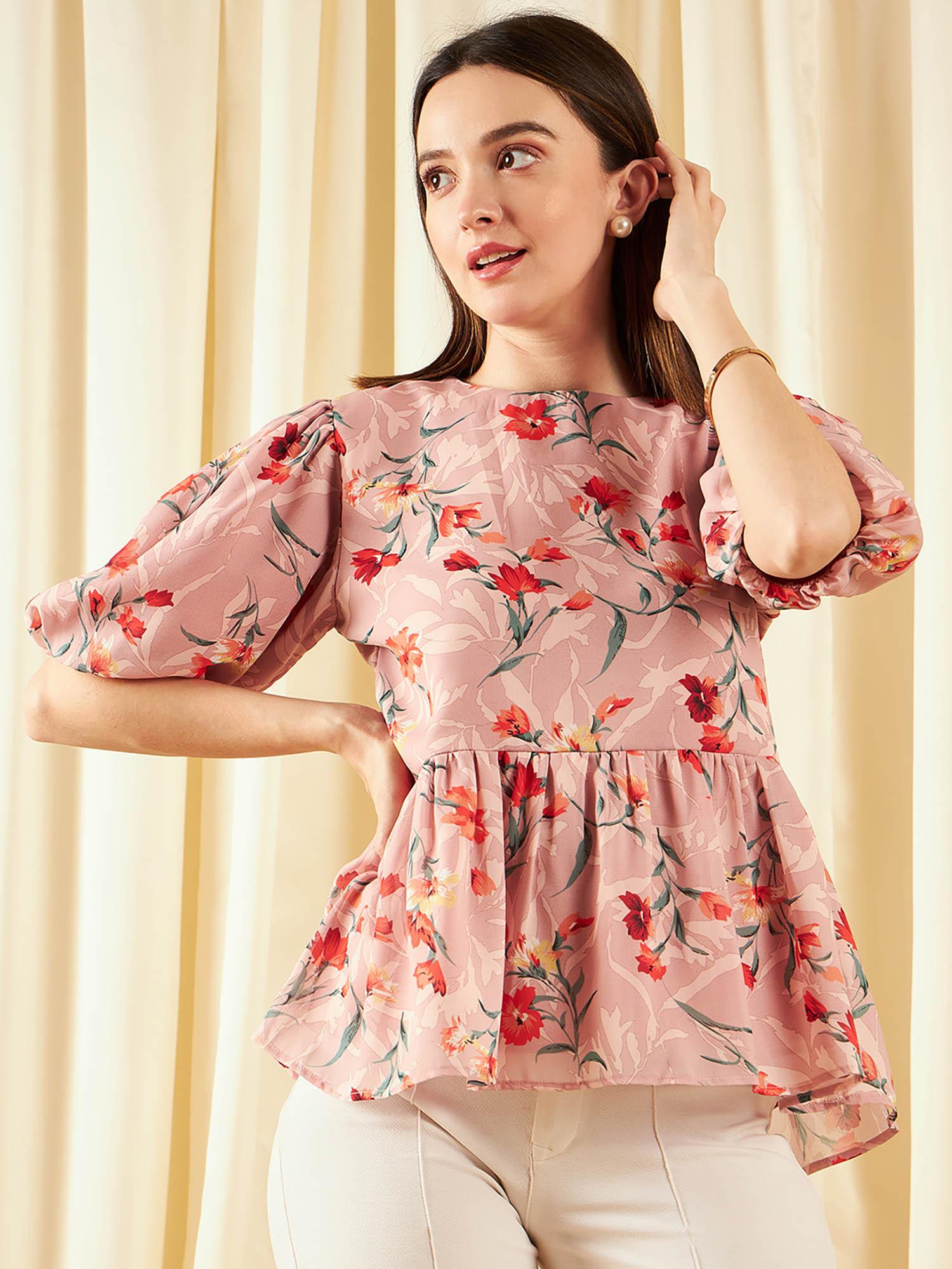 women casual pink colour round neck floral peplum top