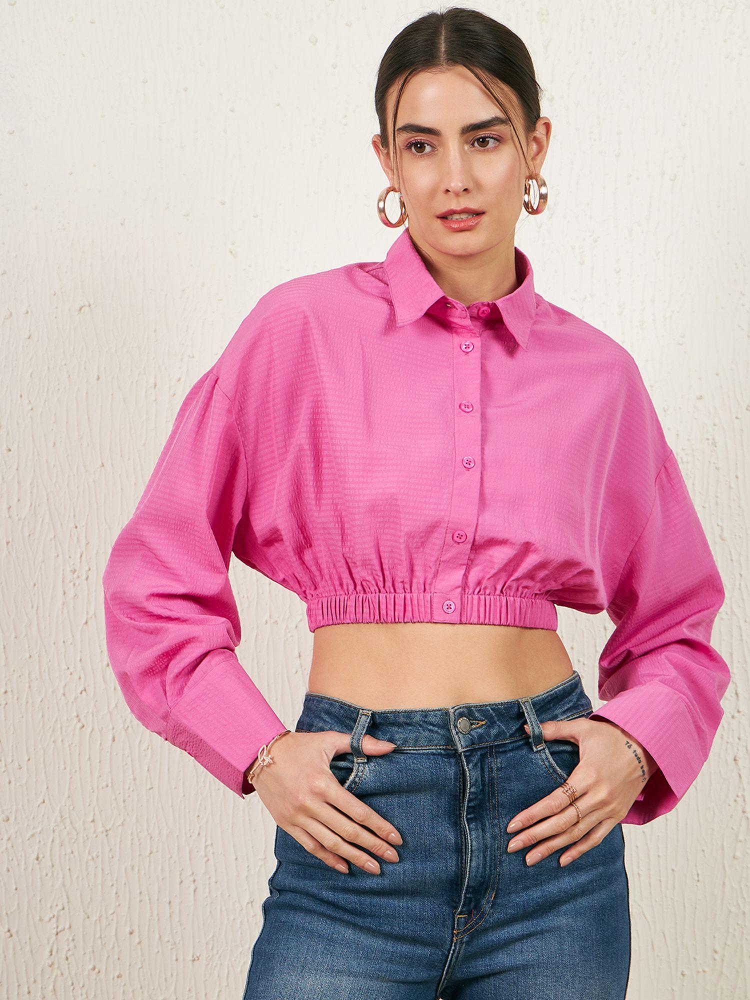 women casual pink colour shirt collar self design cinched waist top