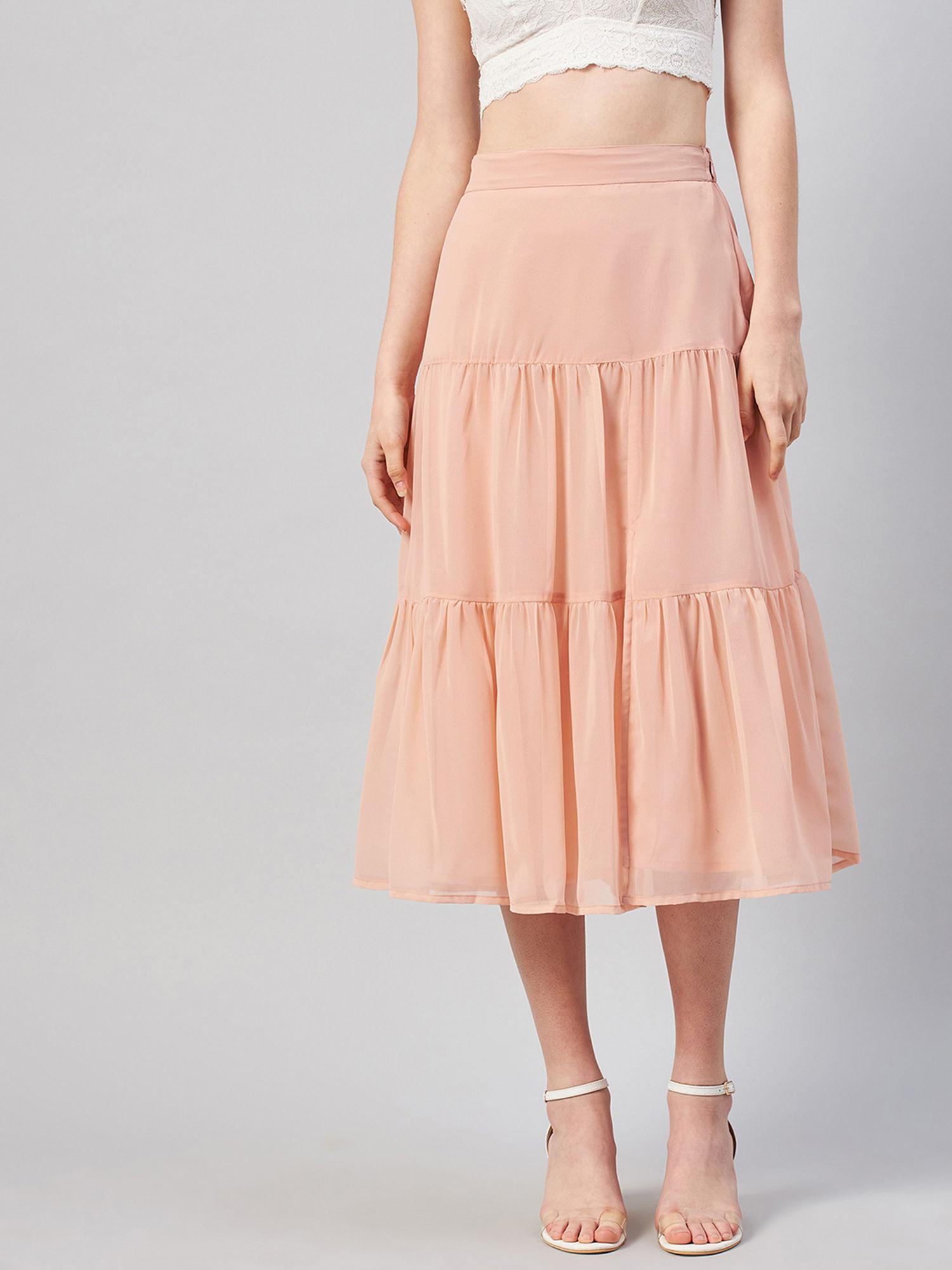 women casual pink colour solid midi skirt