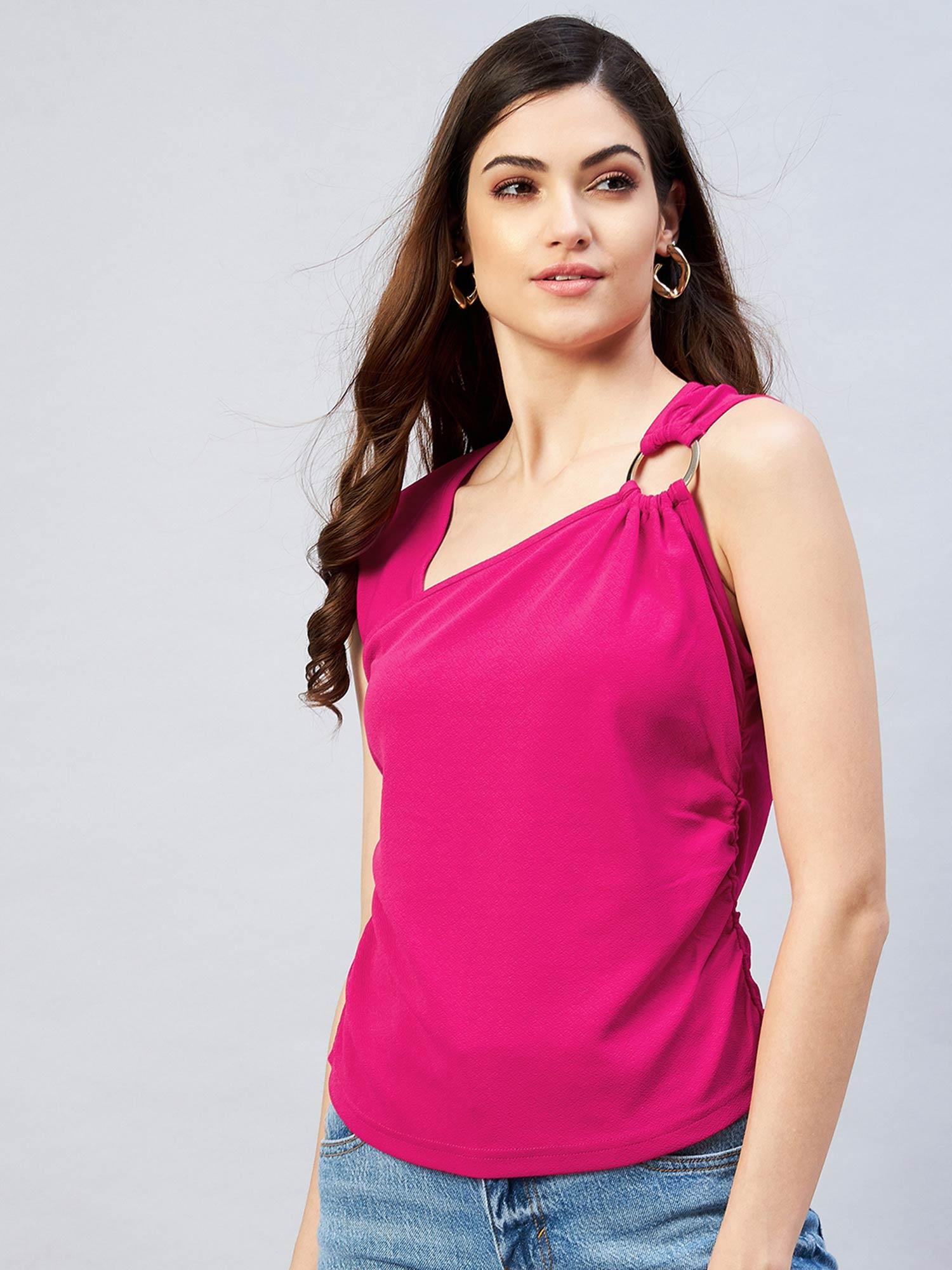 women casual pink colour solid regular top