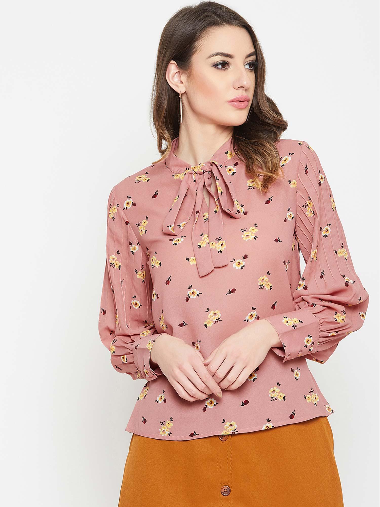 women casual pink printed regular top with tie-up detailed