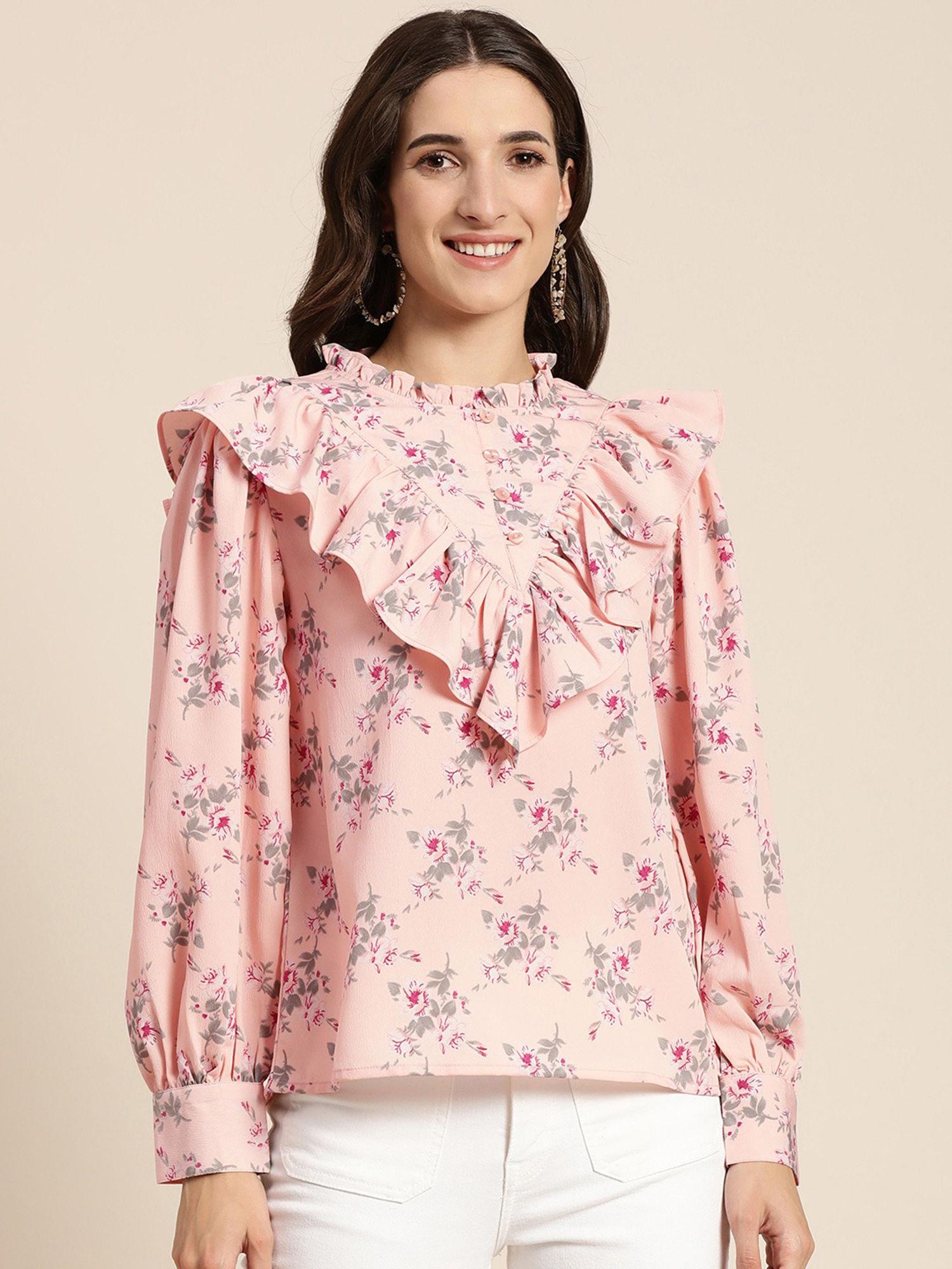women casual pink round neck long sleeves floral regular top