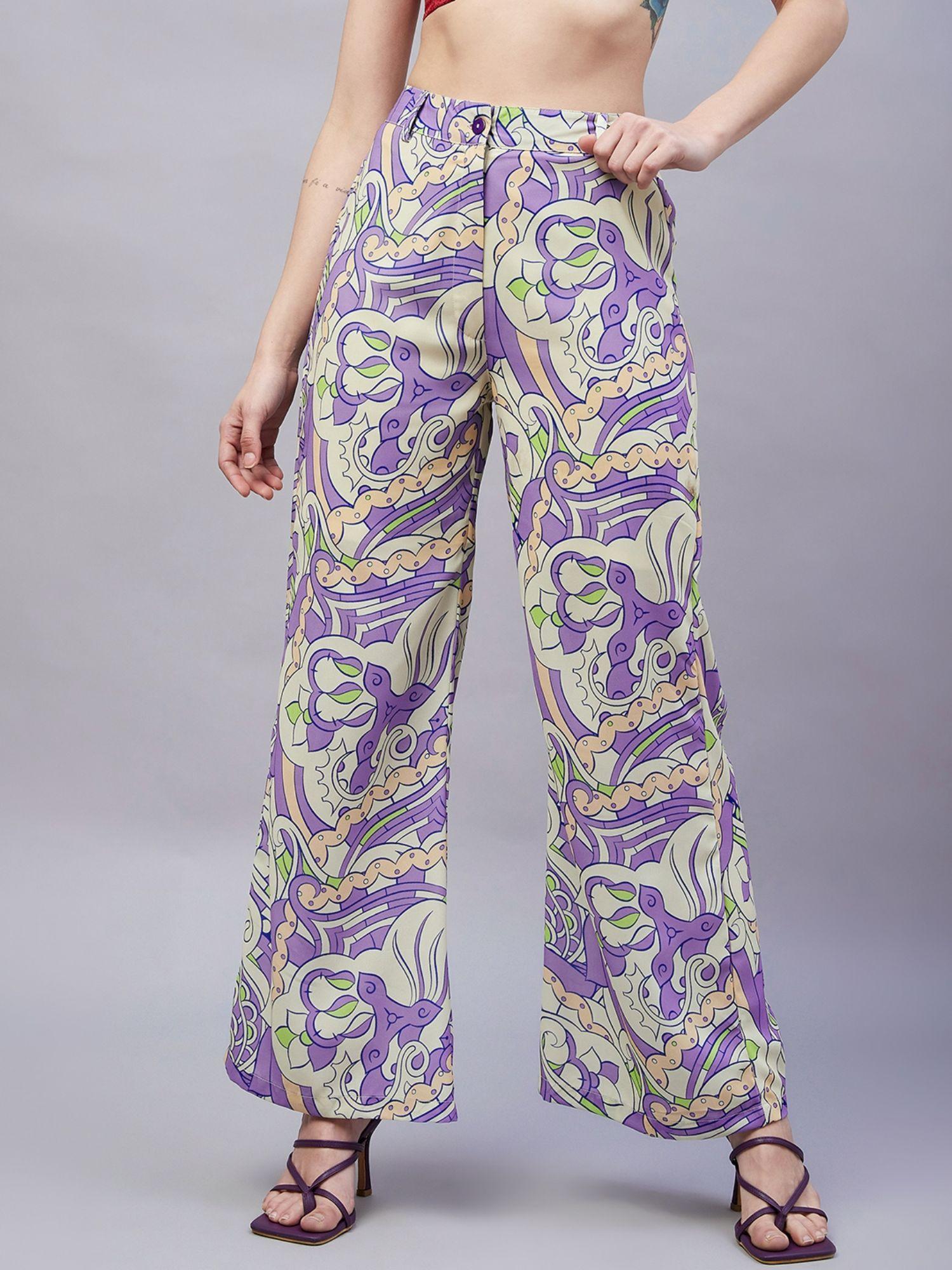 women casual purple colour abstract regular trousers