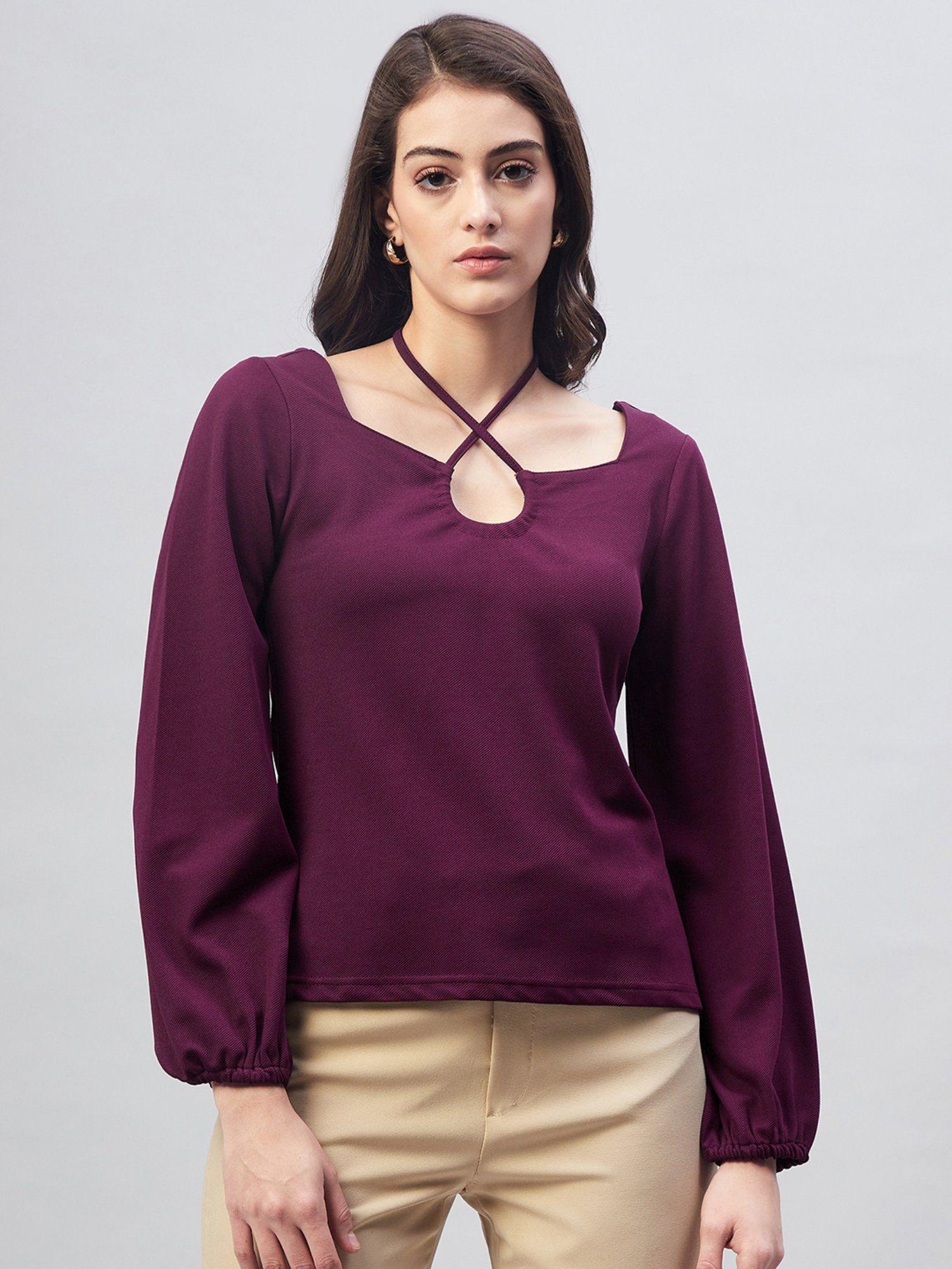 women casual purple colour halter neck solid regular top