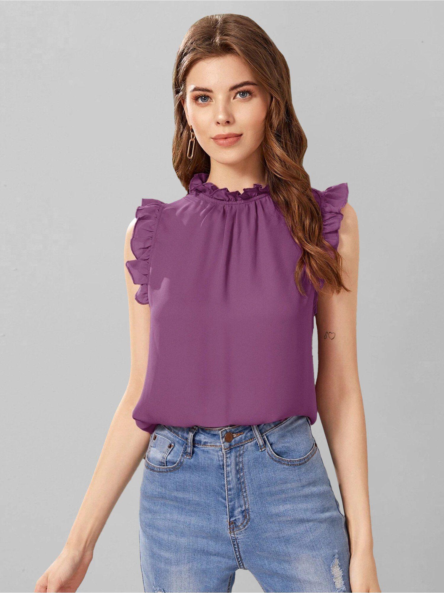 women casual purple colour high neck solid regular top