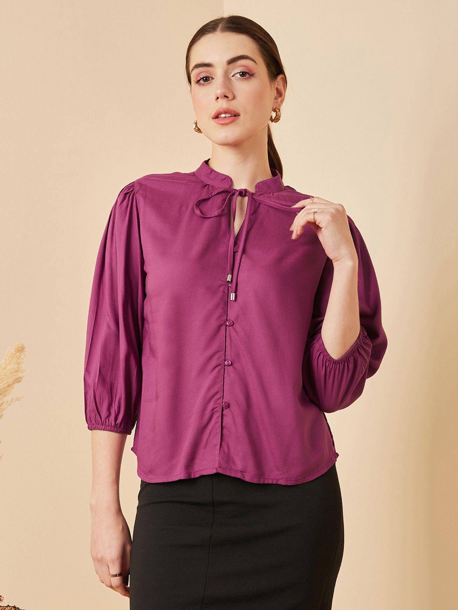 women casual purple colour keyhole neck solid regular top