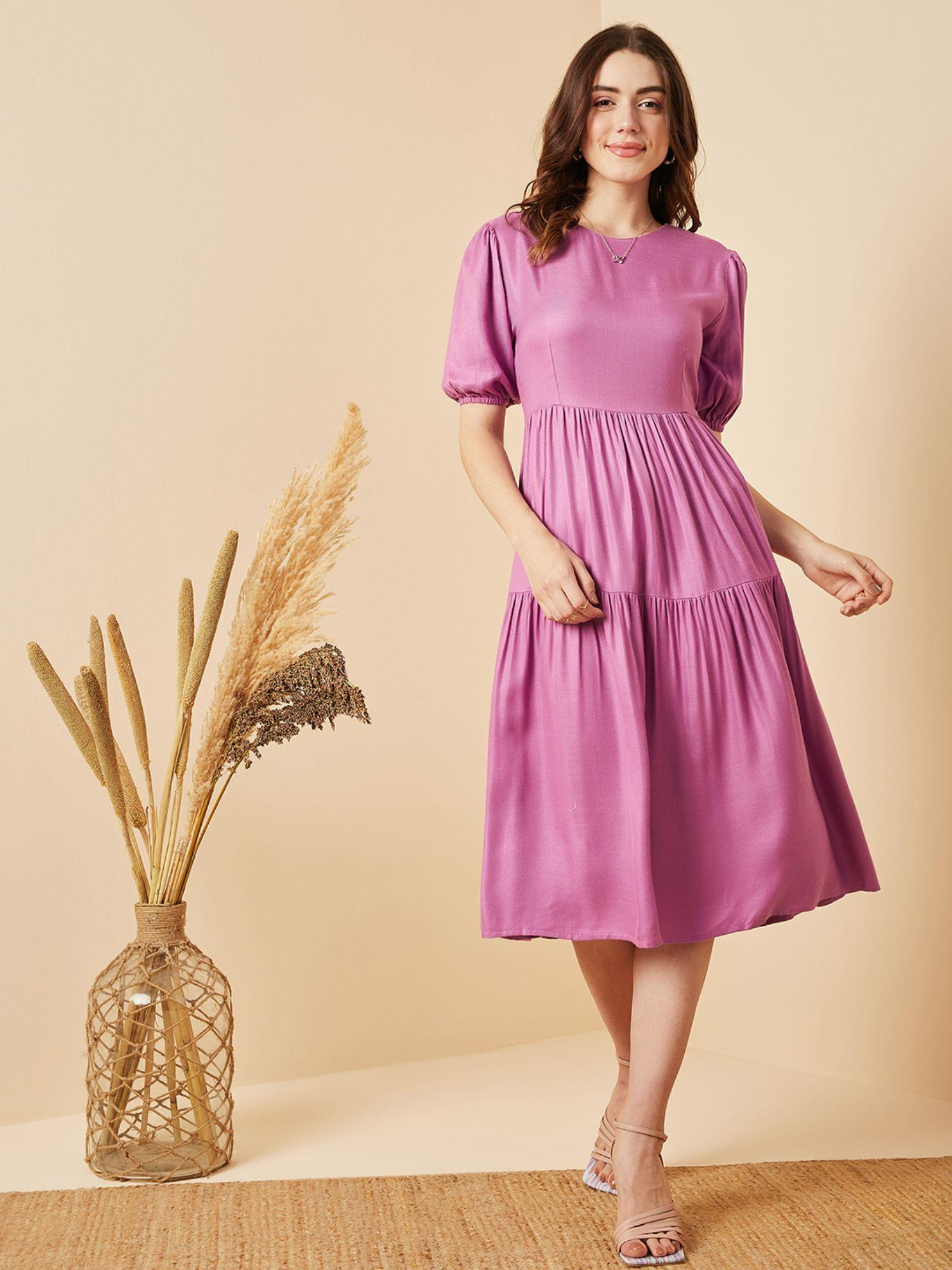 women casual purple colour midi solid dress