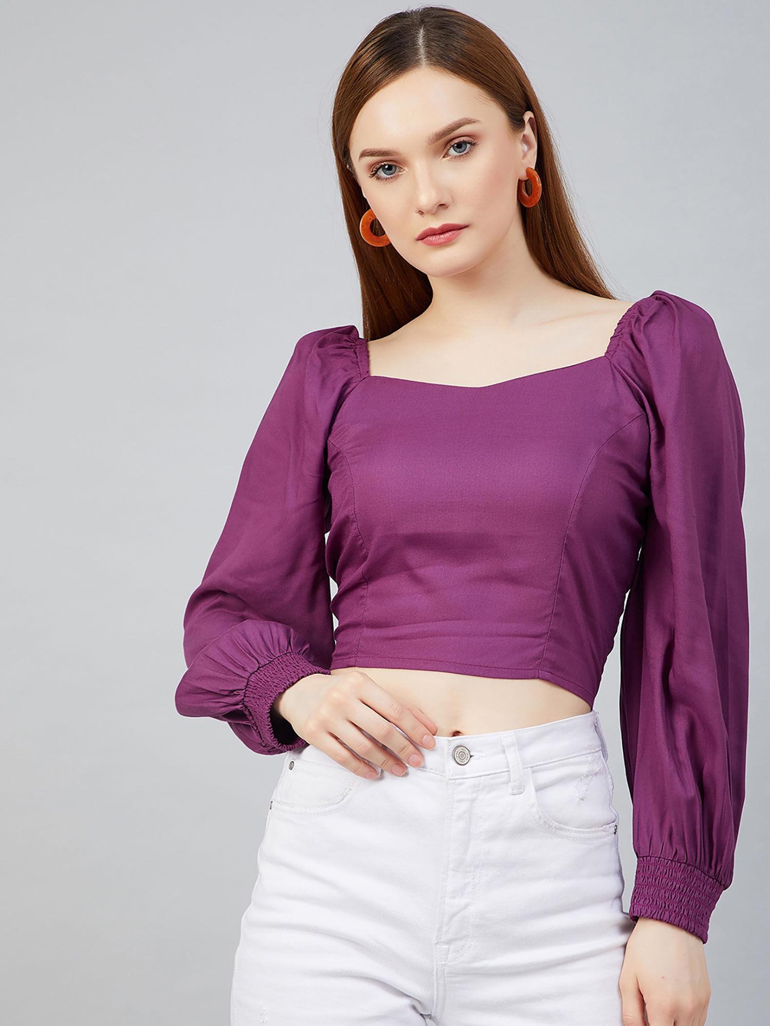 women casual purple colour sweetheart neck solid print regular top