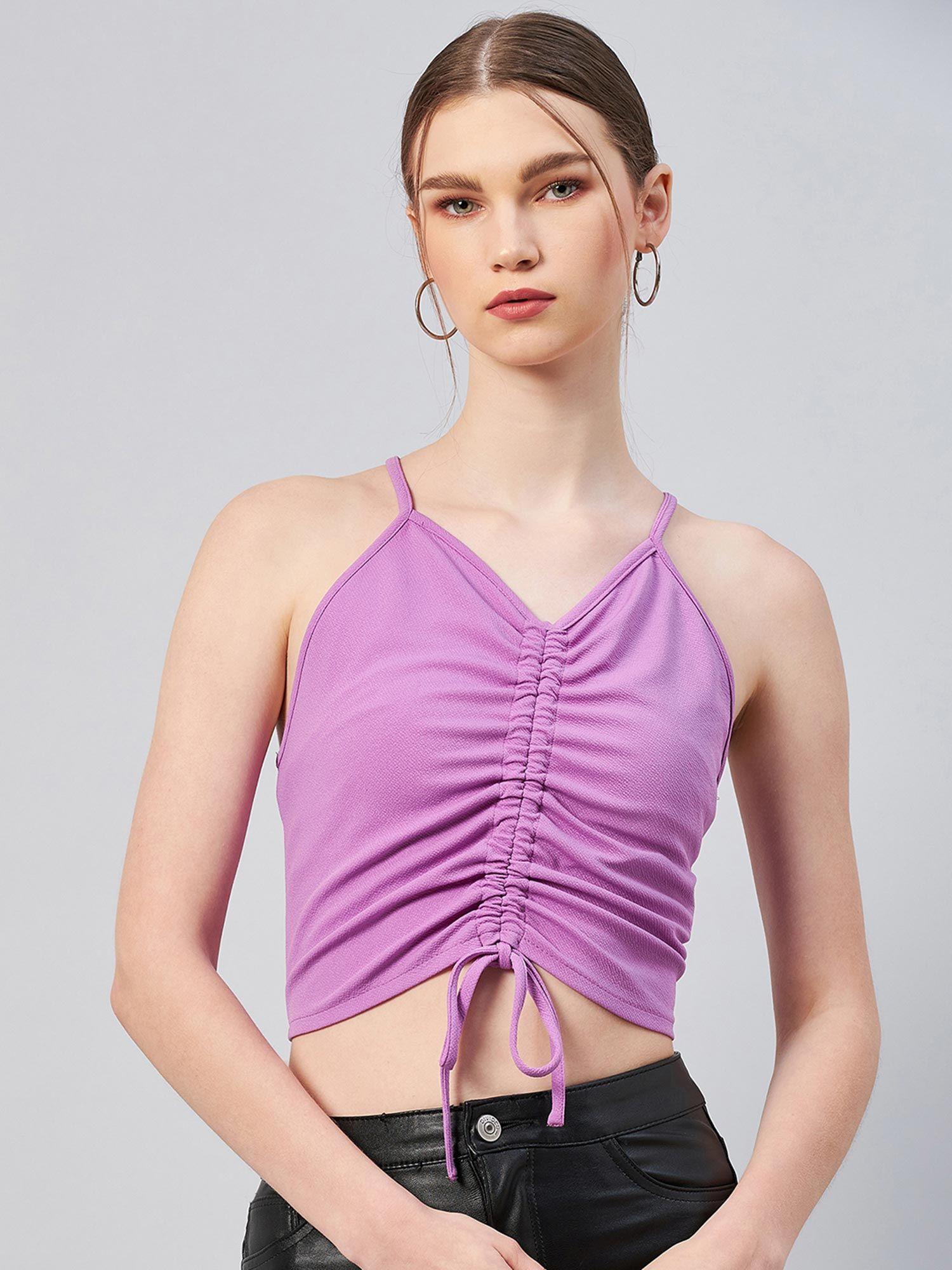 women casual purple colour v-neck solid fitted top