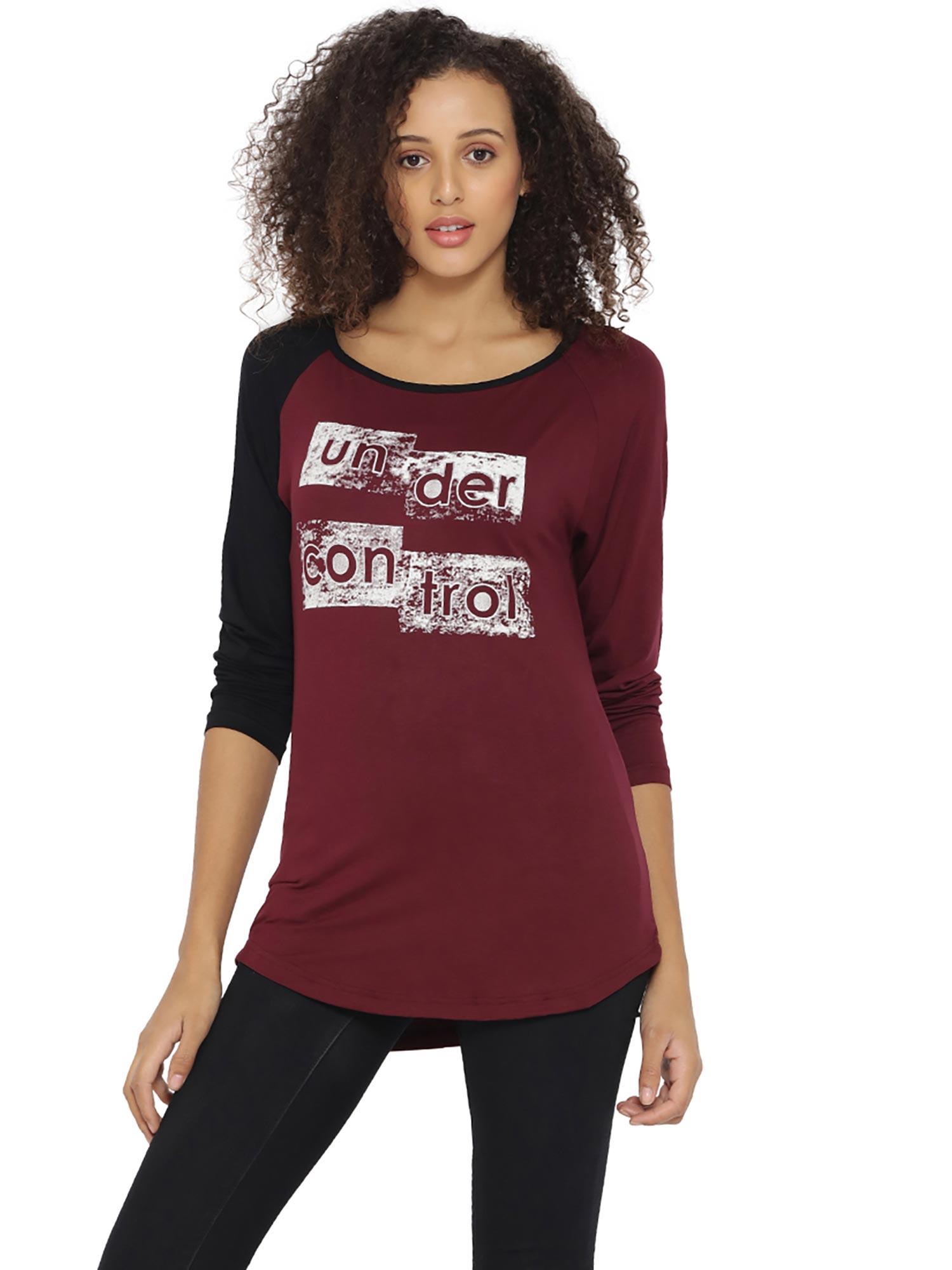 women casual raglan sleeve colourblocked maroon top