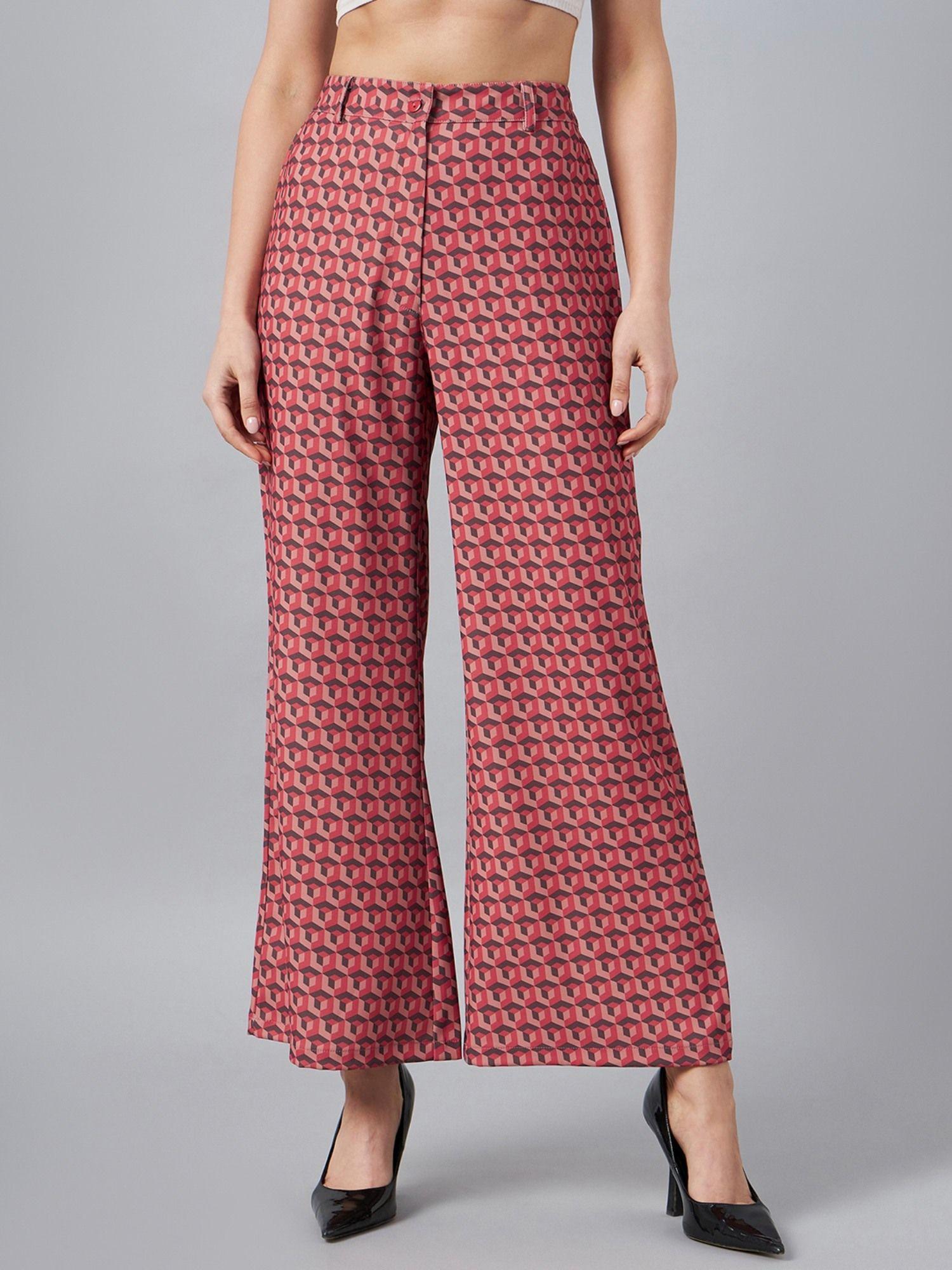 women casual red color abstract regular trousers