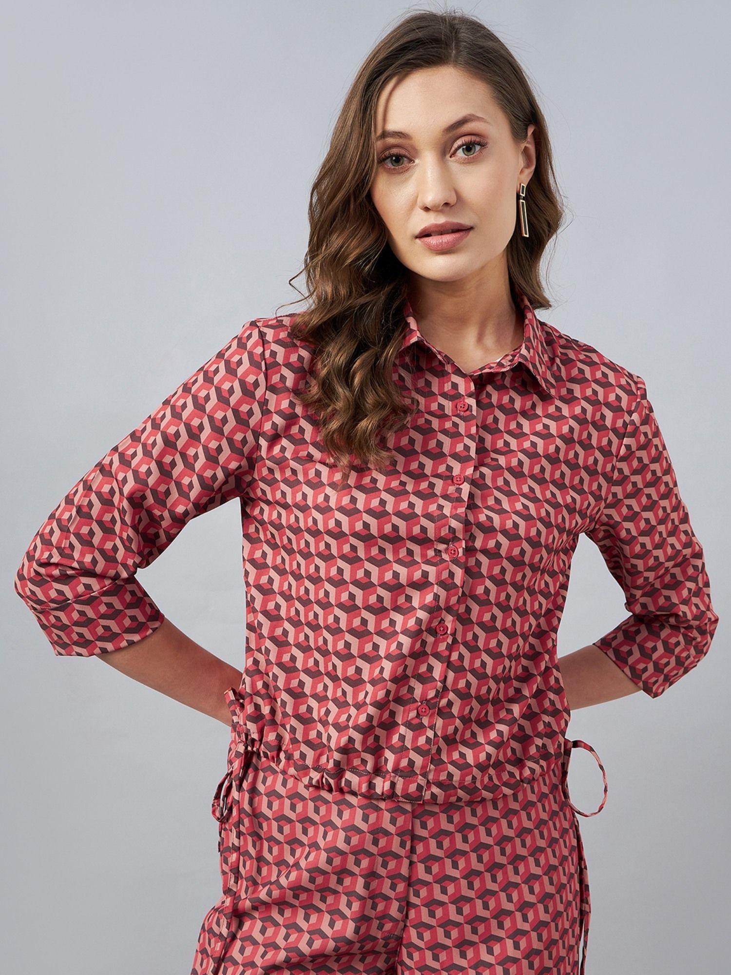 women casual red color shirt collar geometric print