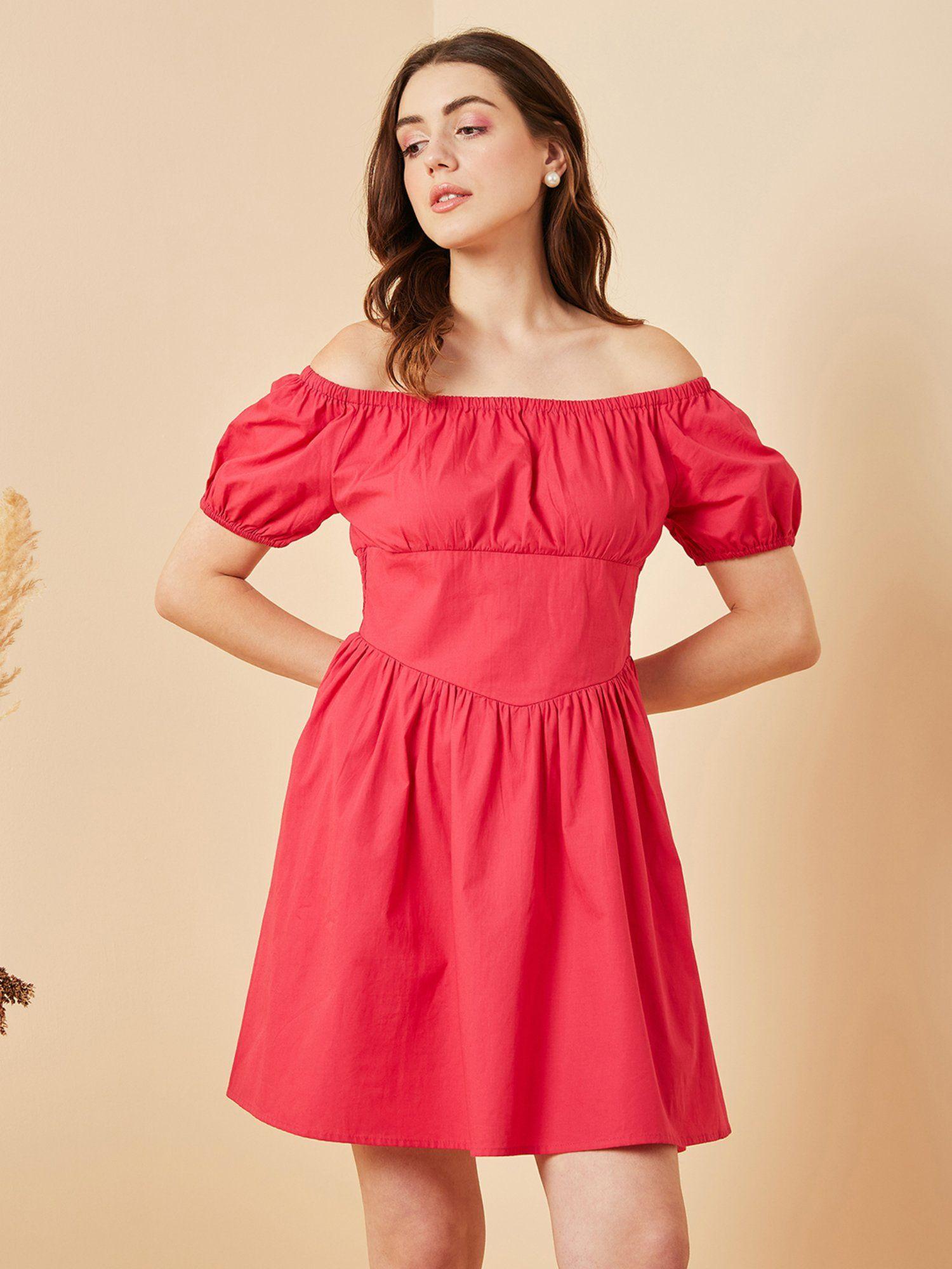 women casual red colour above knee solid dress