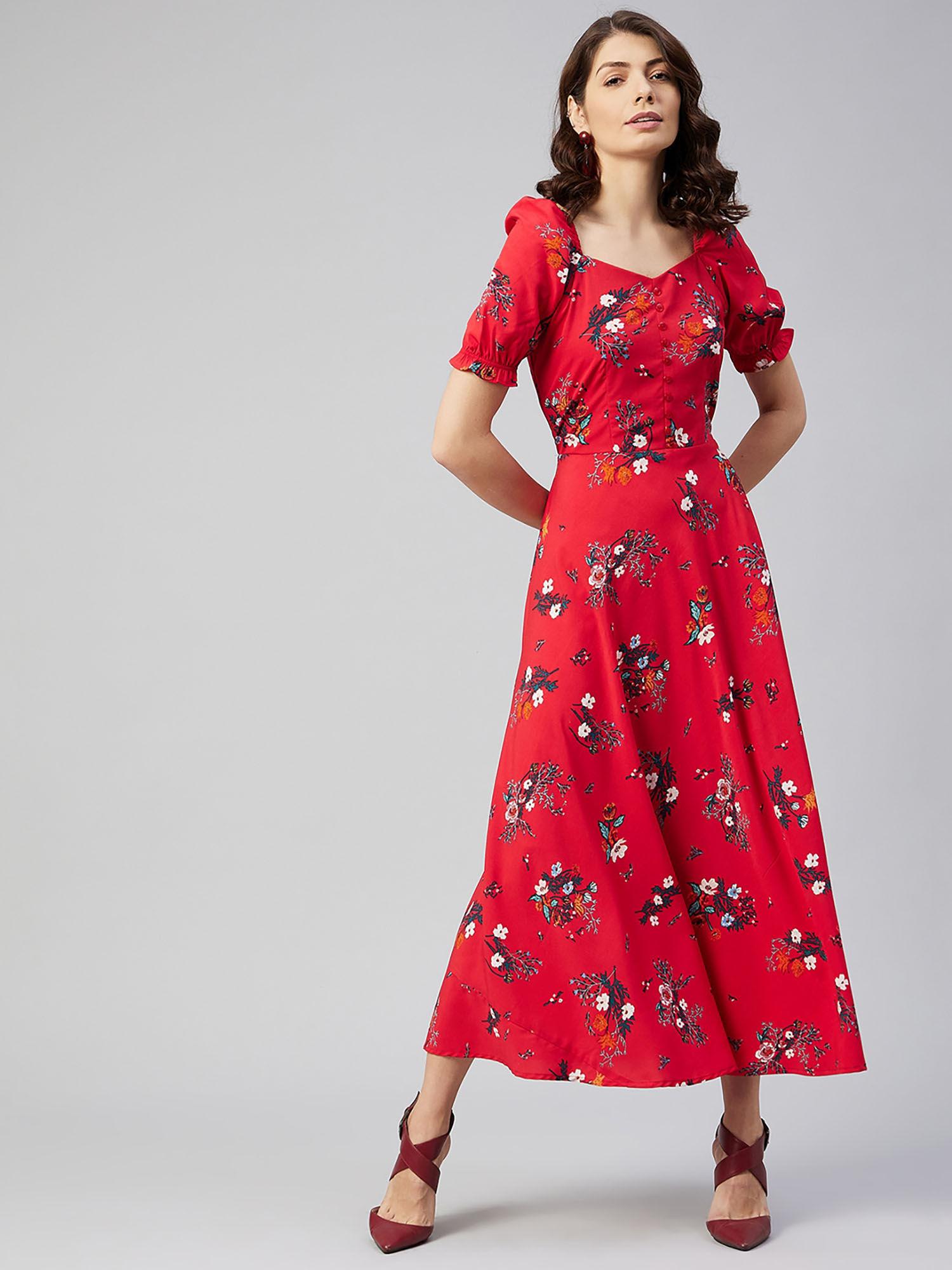 women casual red colour maxi floral print dress