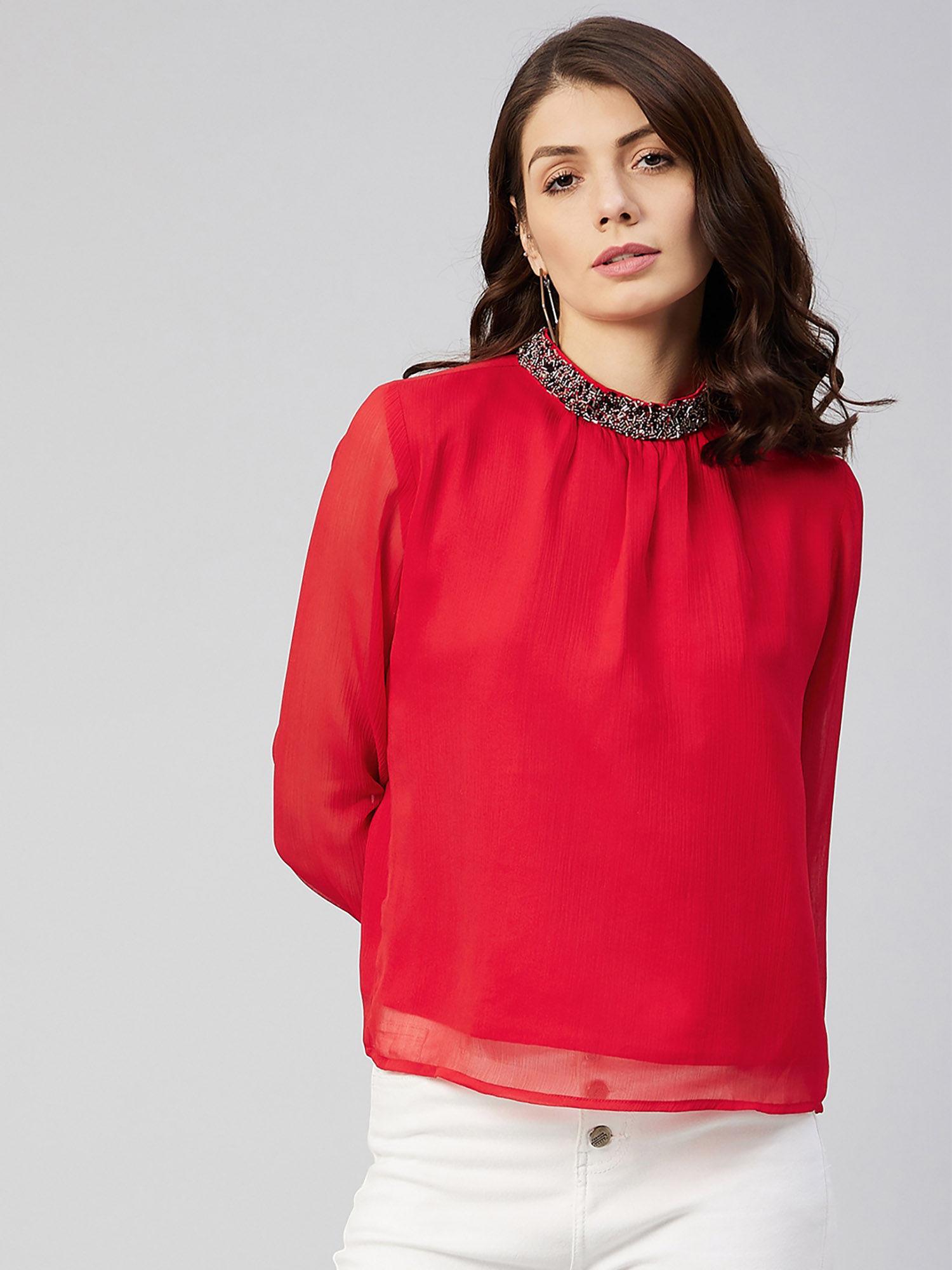 women casual red colour round neck solid regular top