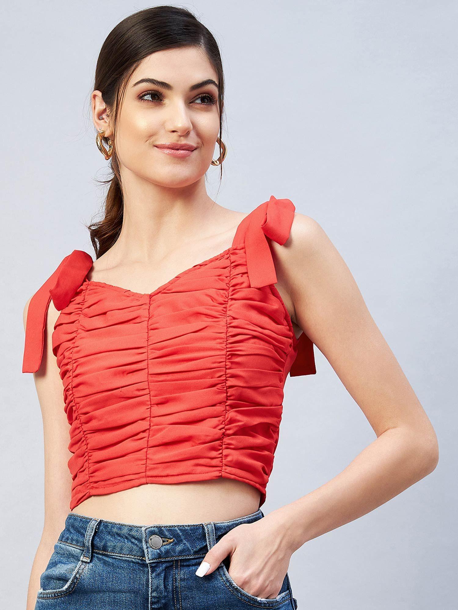 women casual red colour sweetheart neck fitted top