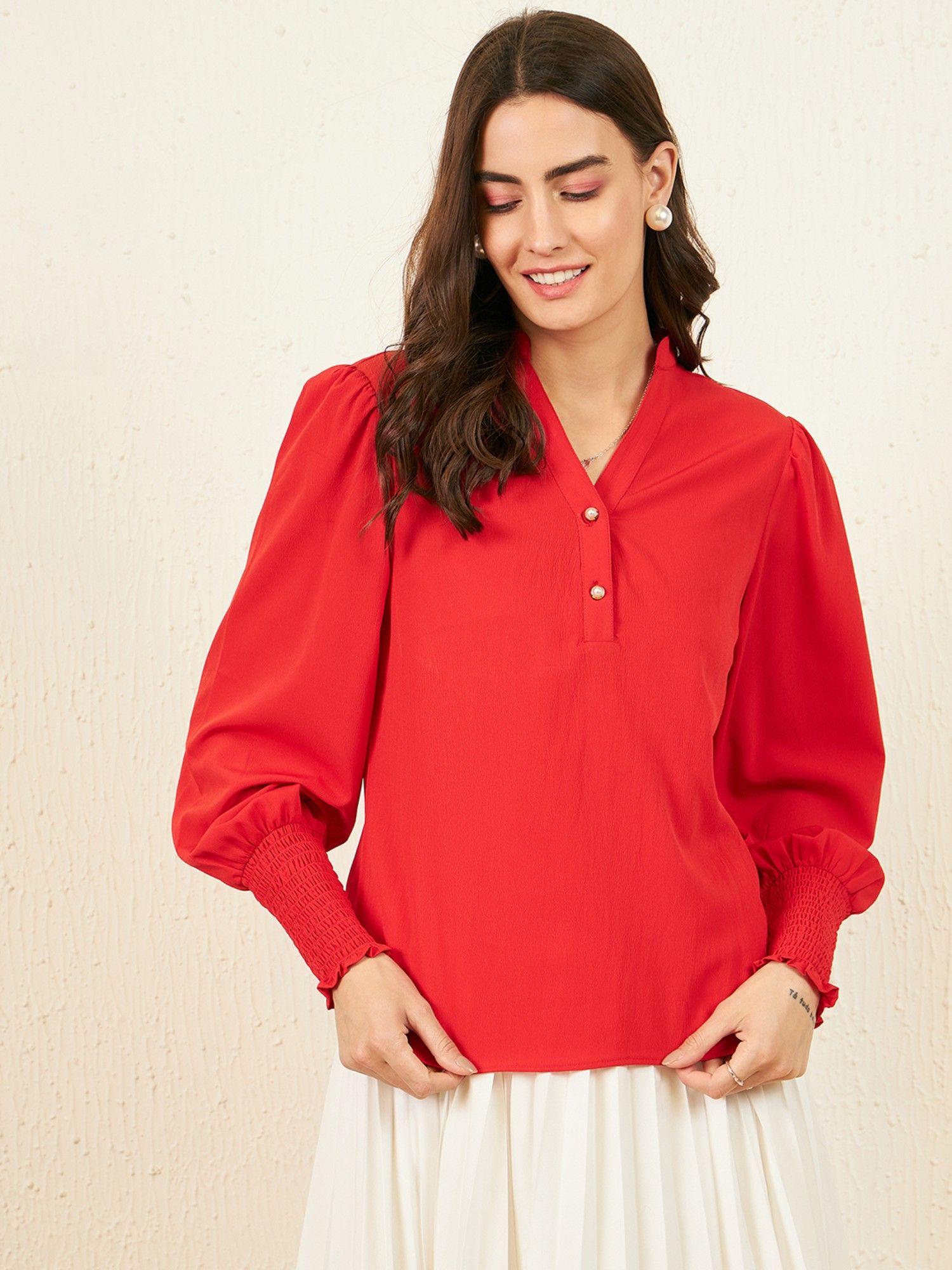 women casual red colour v-neck solid regular top