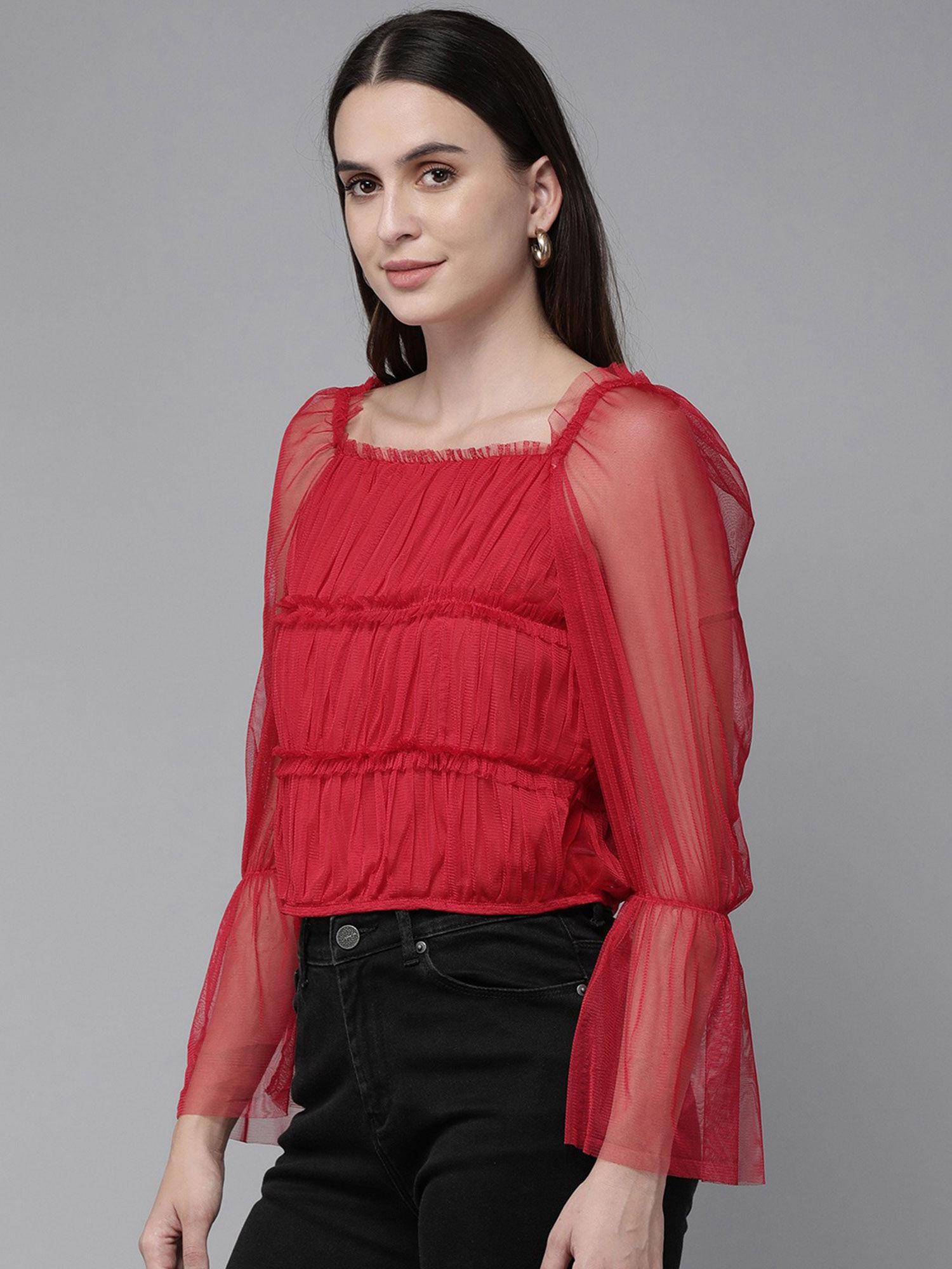 women casual red square neck full sleeves solid regular top