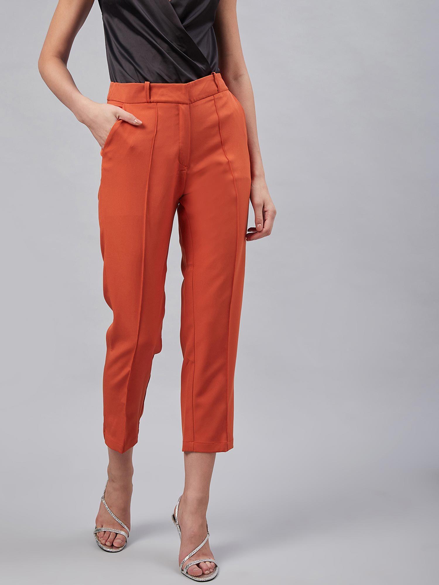 women casual rust colour solid regular trousers