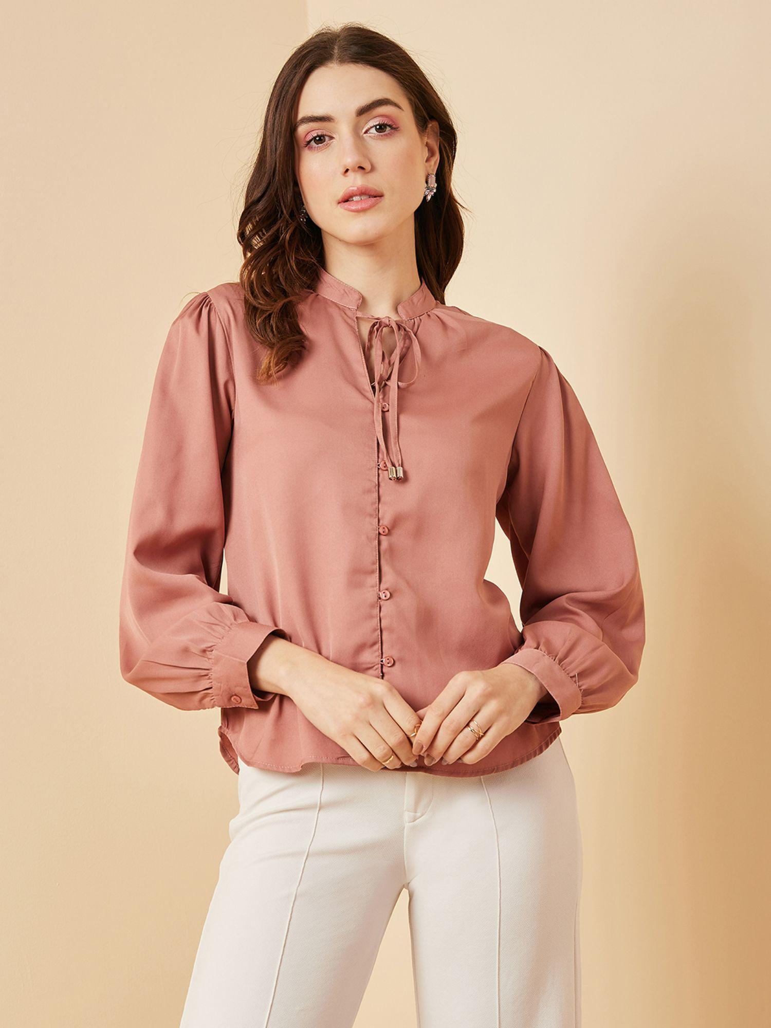 women casual rust rose gold colour tie-up neck solid regular top