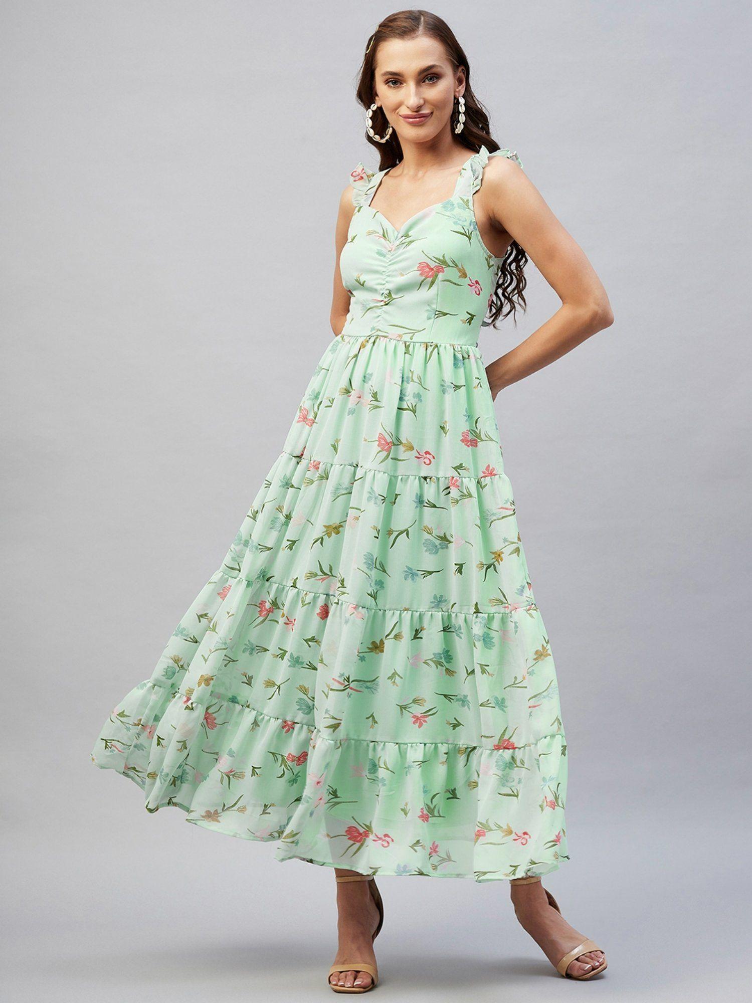 women casual sea green colour maxi floral dress