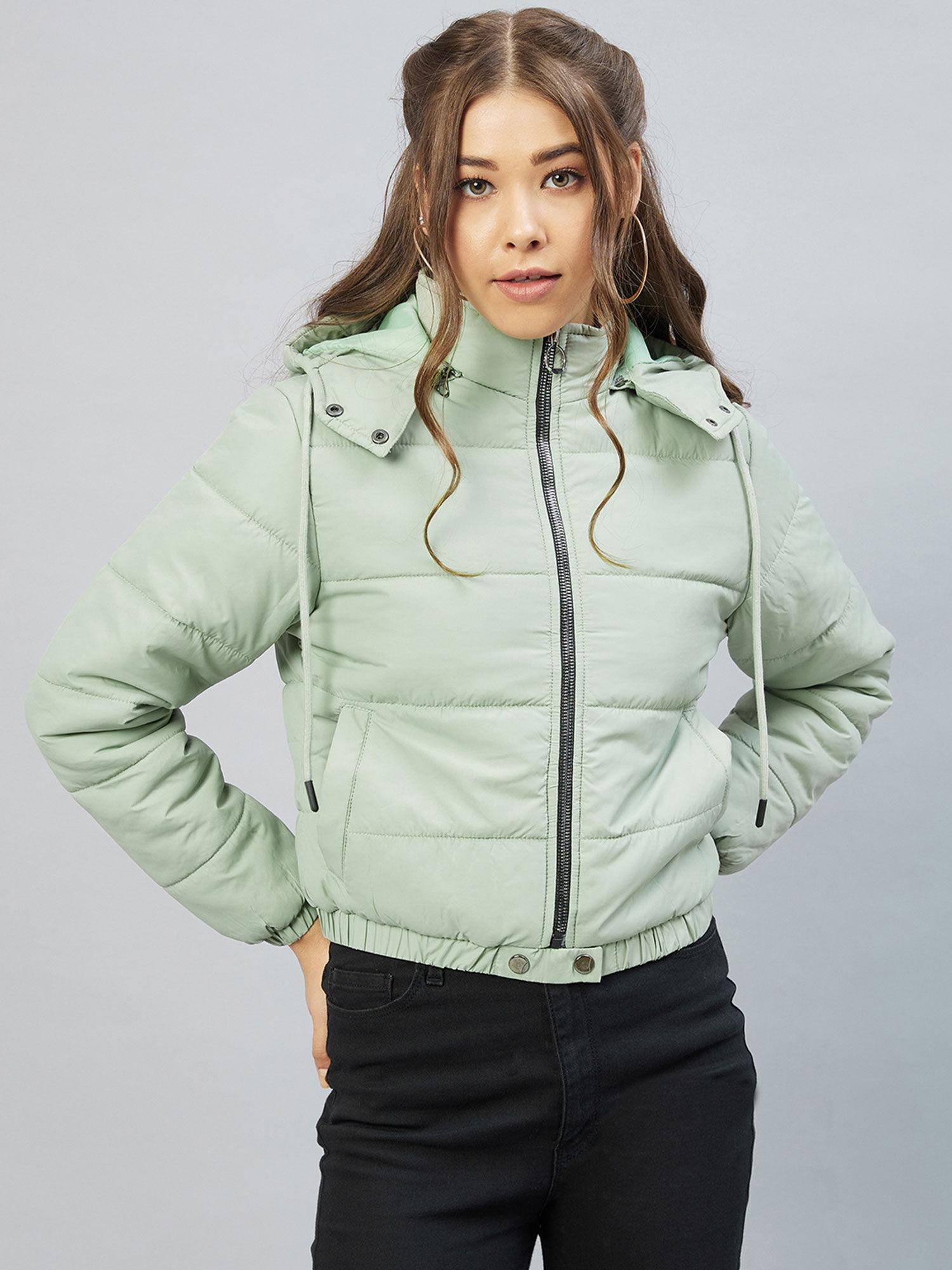 women casual sea green hooded solid padded jacket