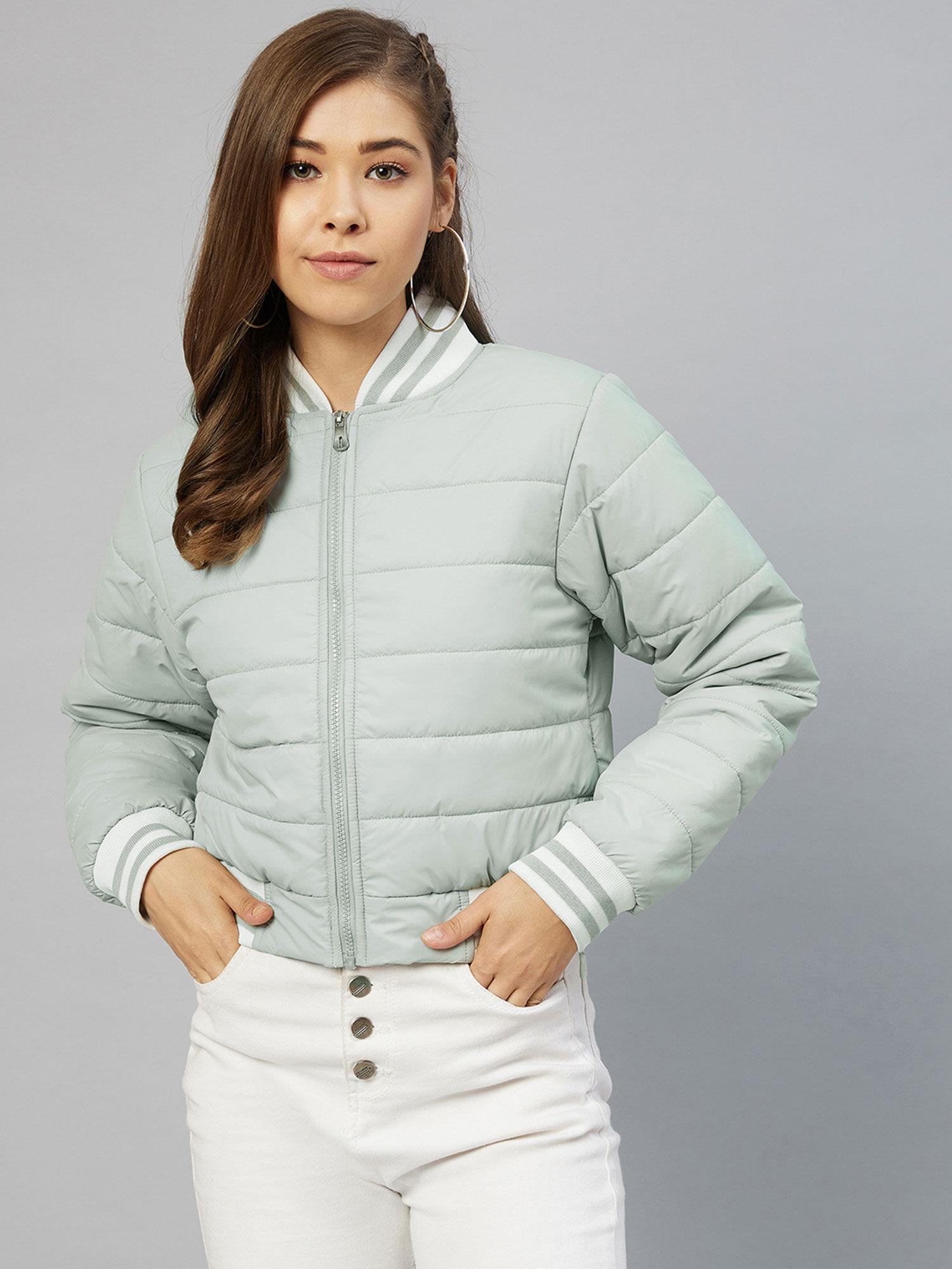 women casual sea green stand collar solid padded jacket