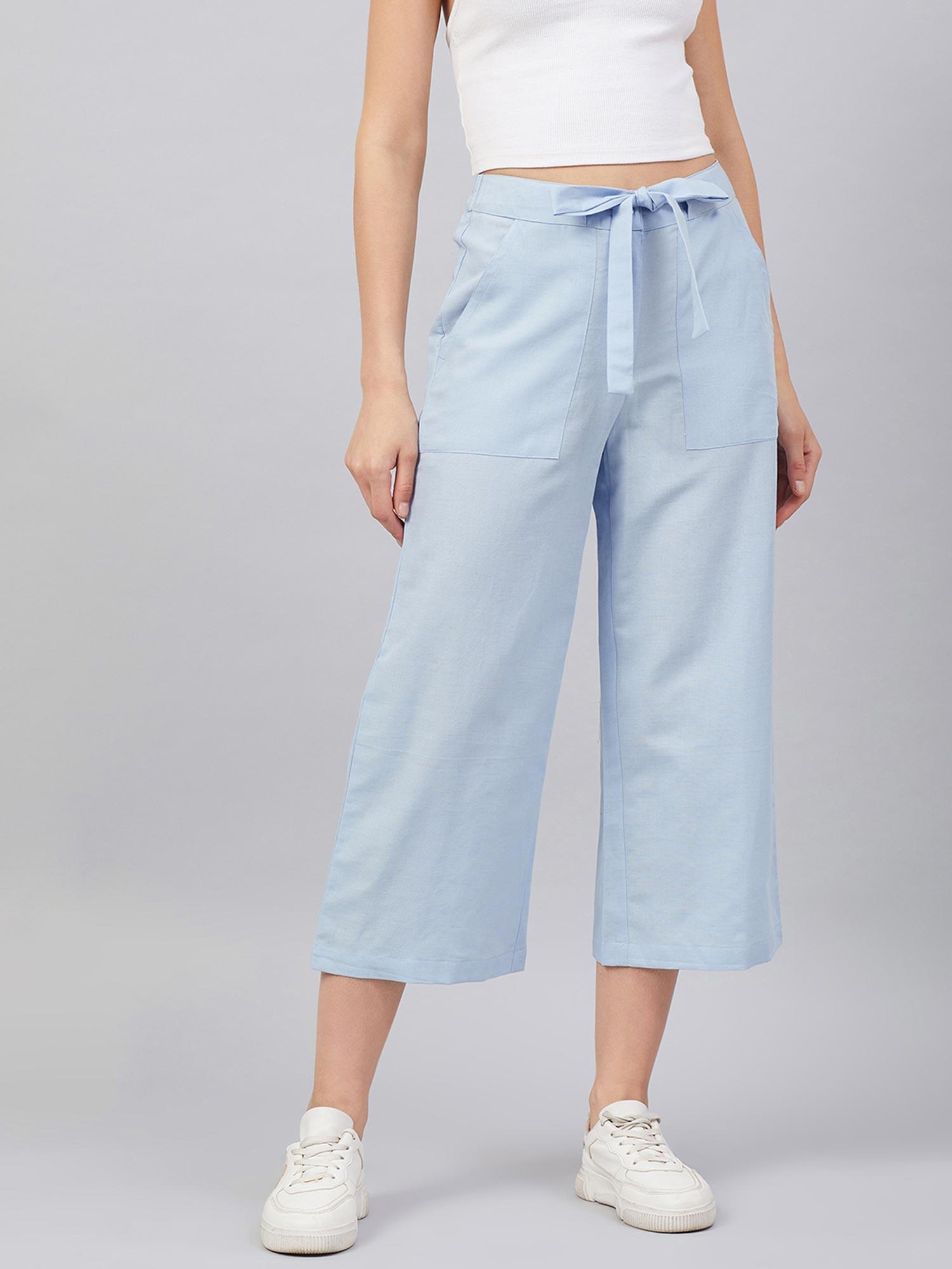 women casual sky blue colour solid parallel trousers