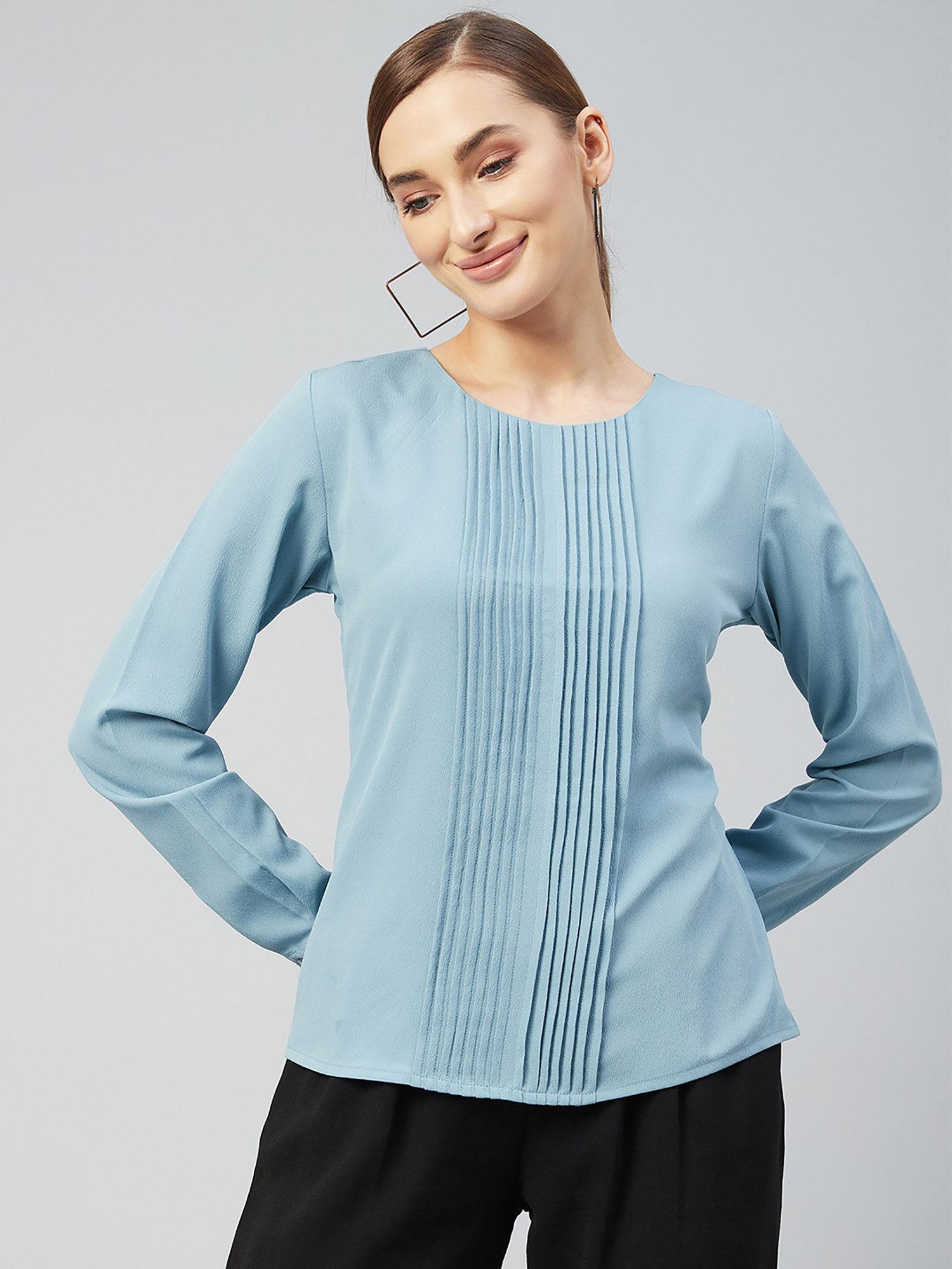 women casual skyblue colour round neck solid regular top