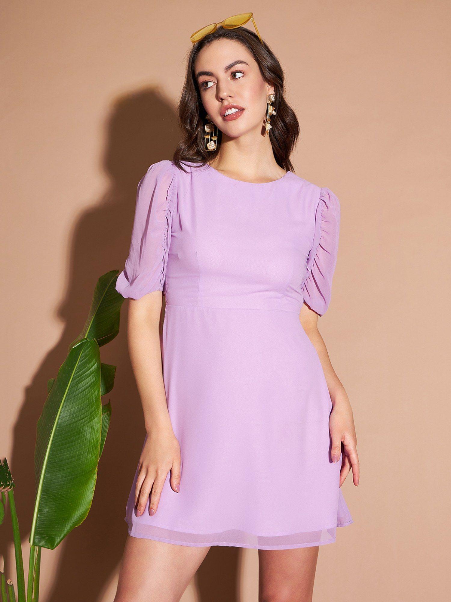 women casual solid lavender color mini dress