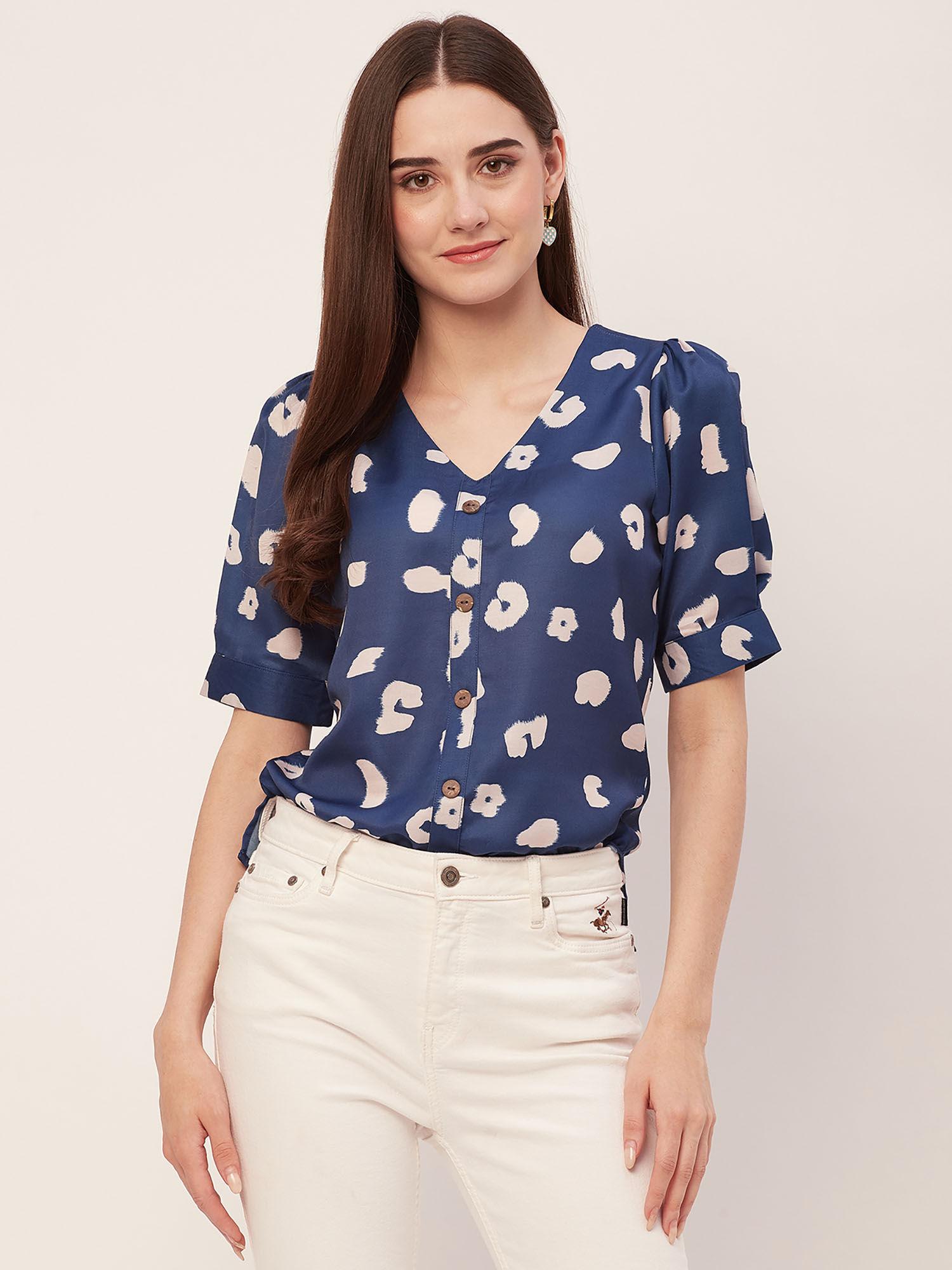 women casual summer printed navy blue top