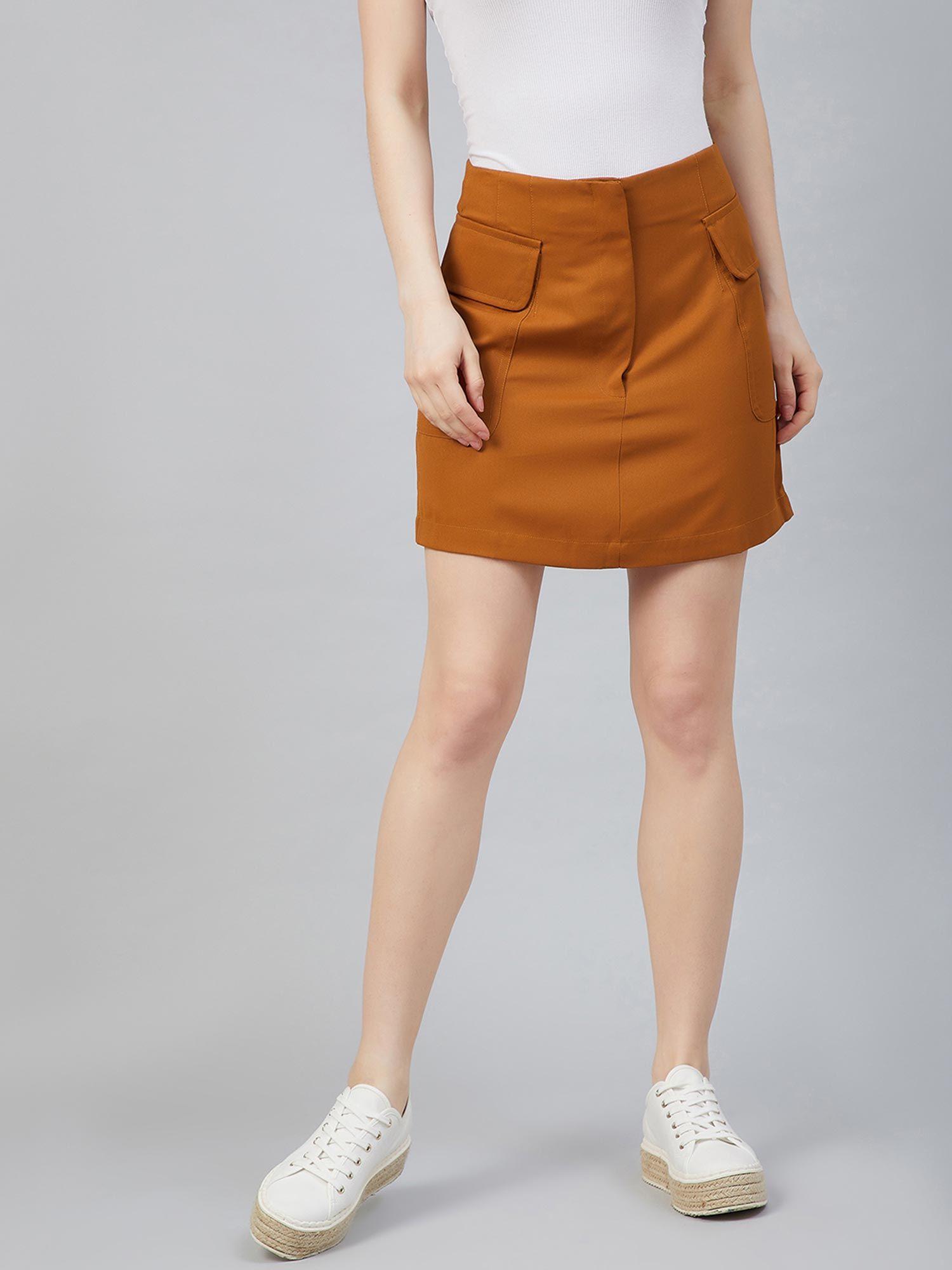 women casual tan colour solid straight skirt