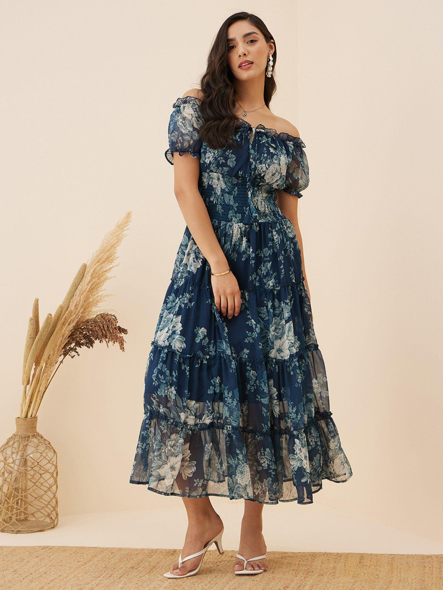 women casual teal blue colour off shoulder midi floral dress