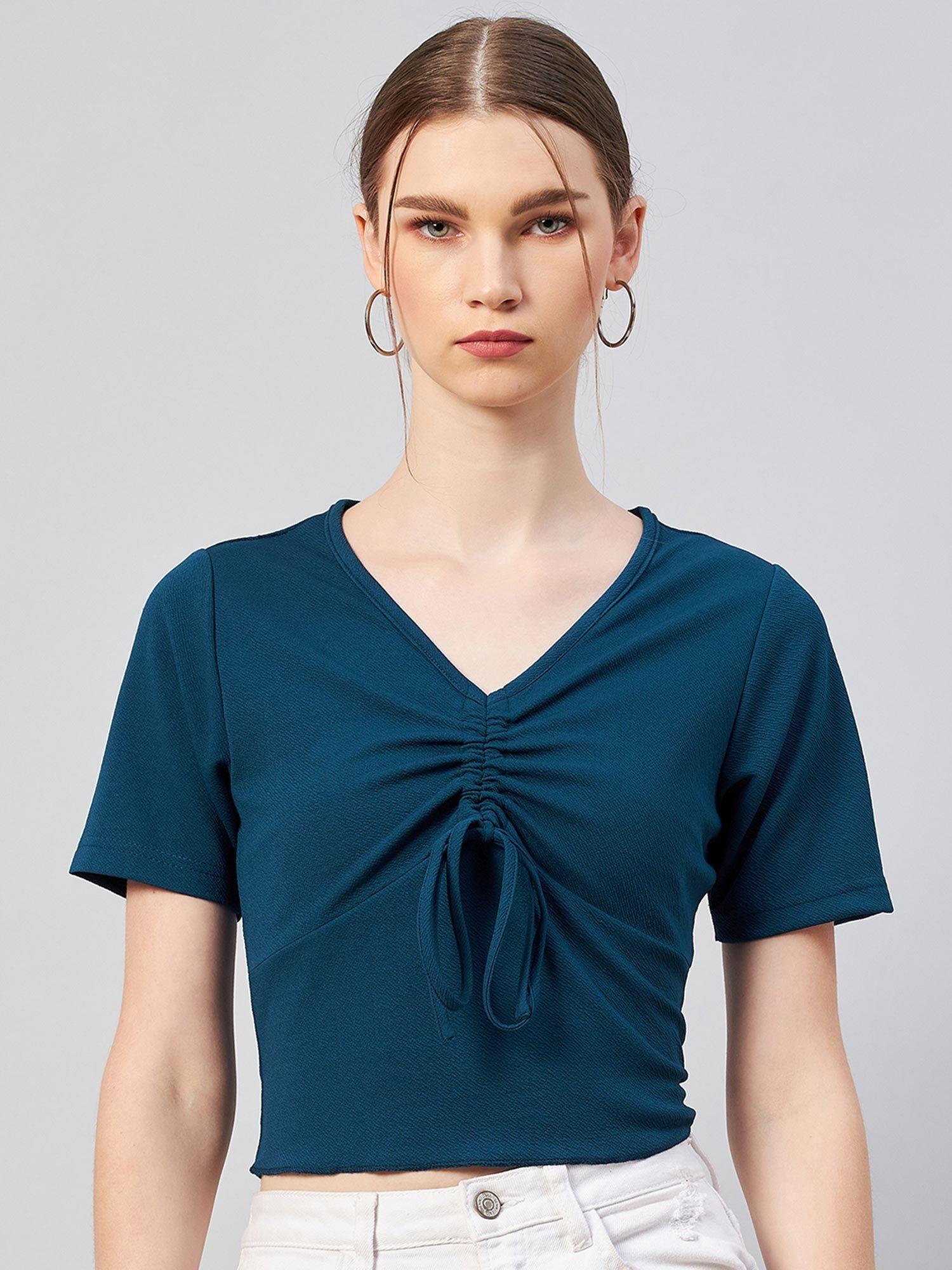 women casual teal colour v-neck solid regular top