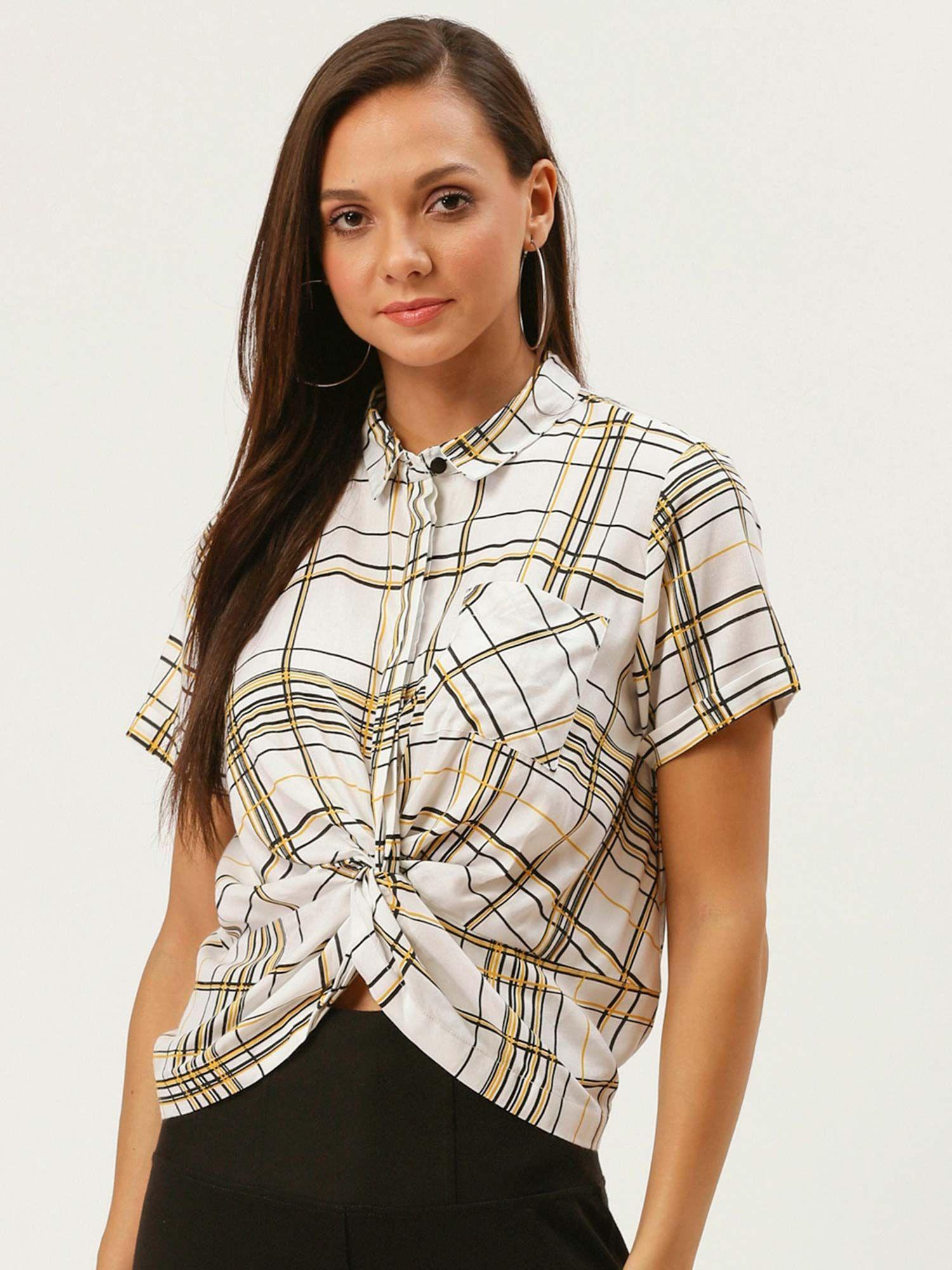 women casual white & black checked shirt style top